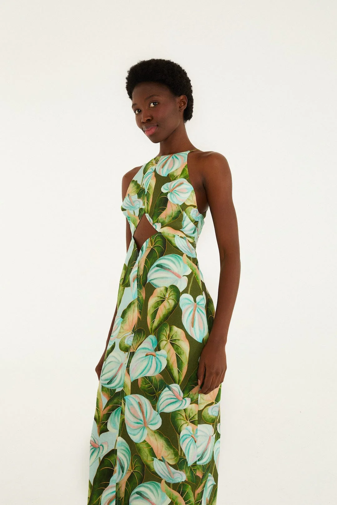 Green Anthurium Leaves Cut-Out Midi Dress - Image 2