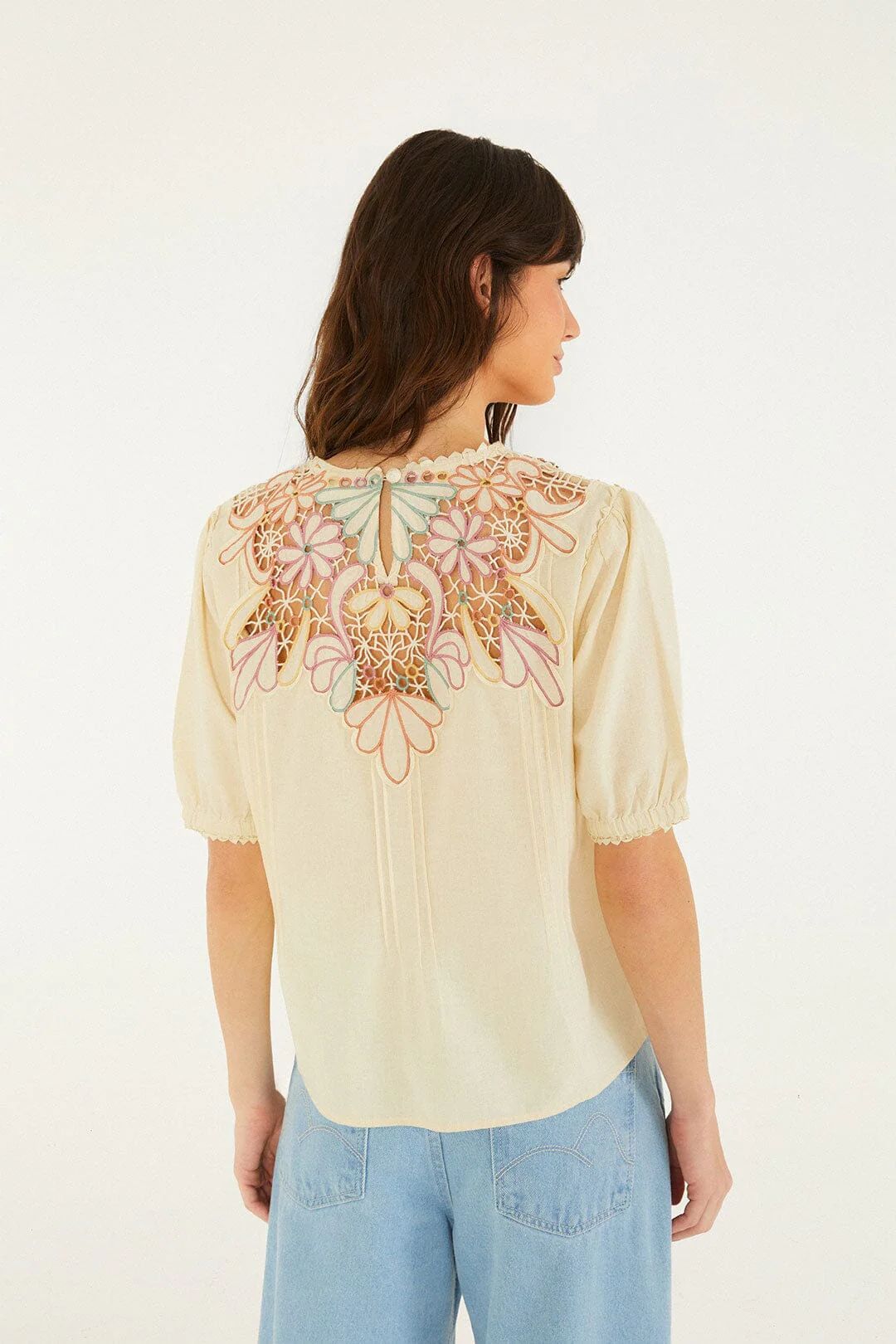 Beige Flower Embroidery Short Sleeve Blouse - Image 3