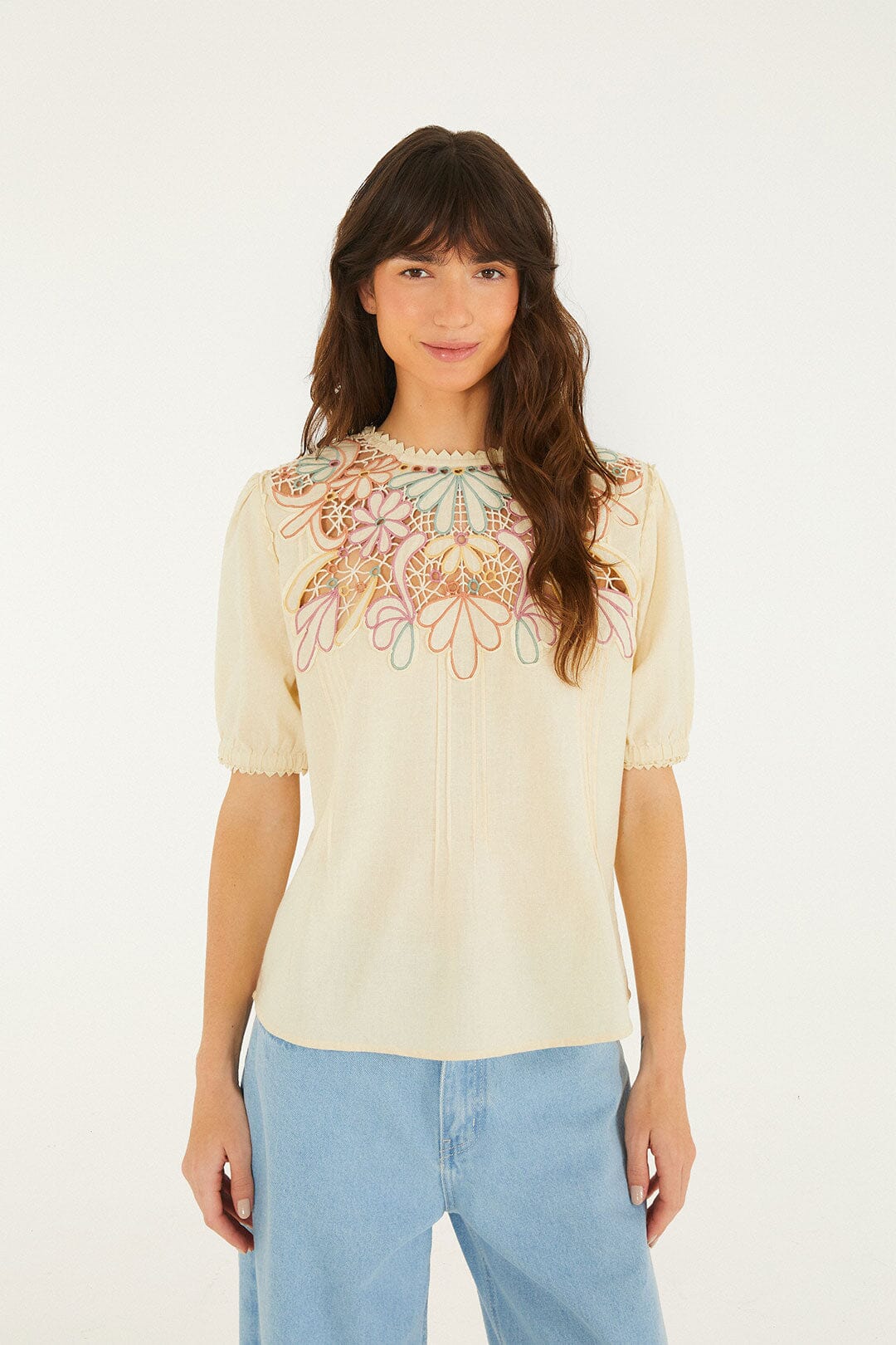 Beige Flower Embroidery Short Sleeve Blouse - Image 4