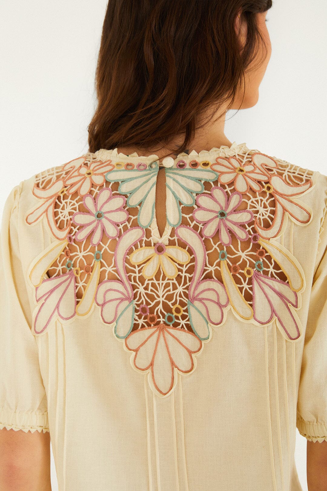 Beige Flower Embroidery Short Sleeve Blouse - Image 5