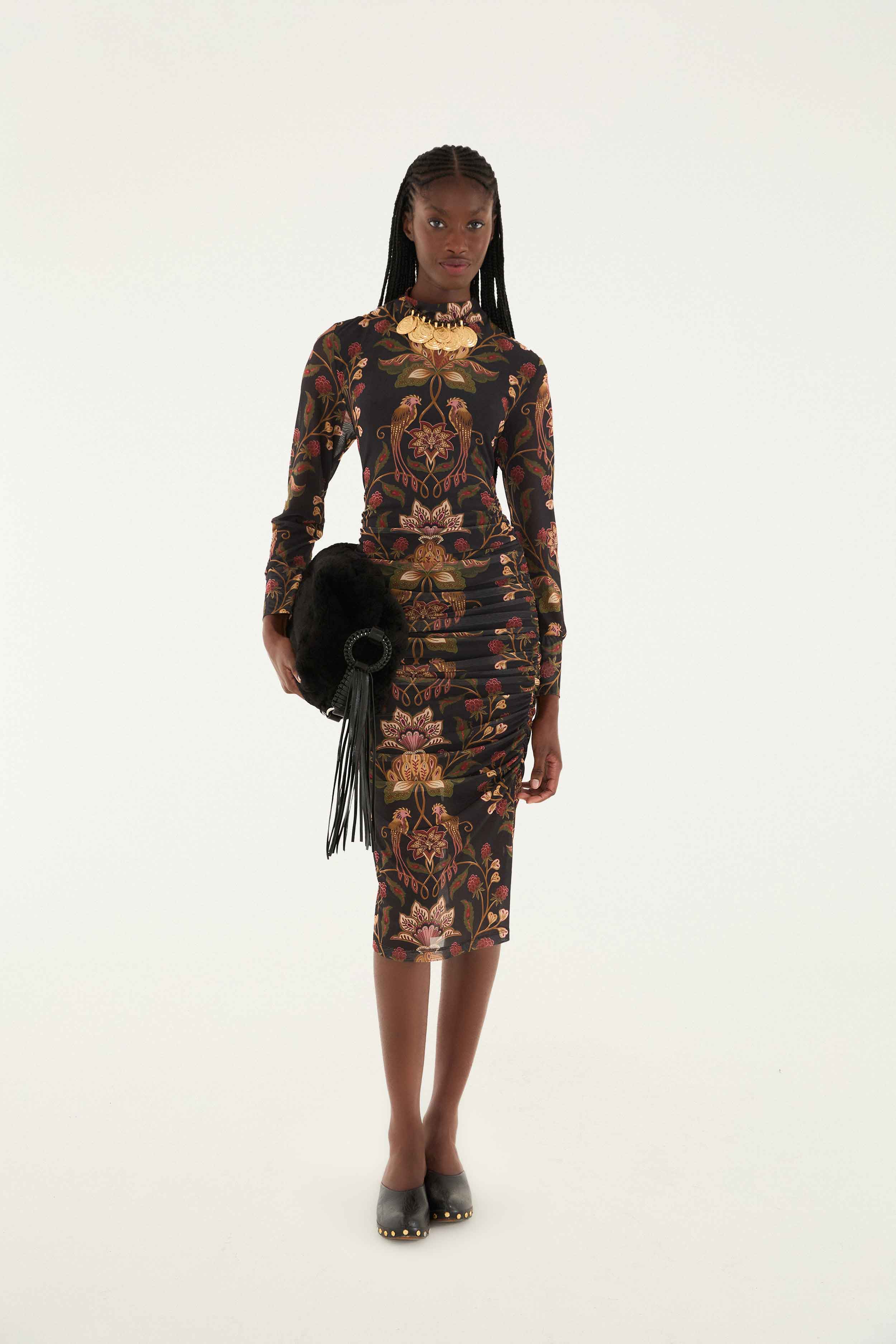 Black Berry Garden Tulle Midi Dress