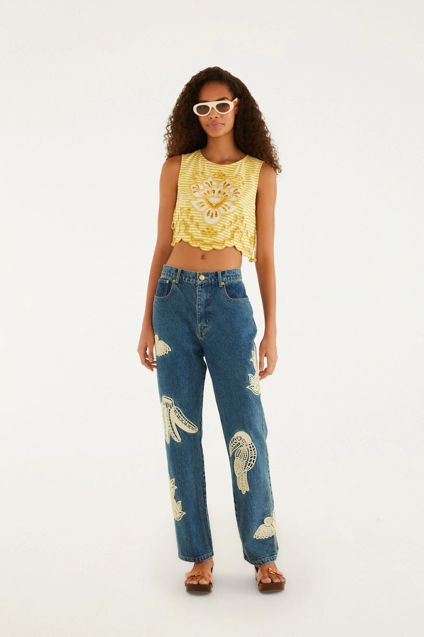 Denim Birds Embroidered Pants - Image 2