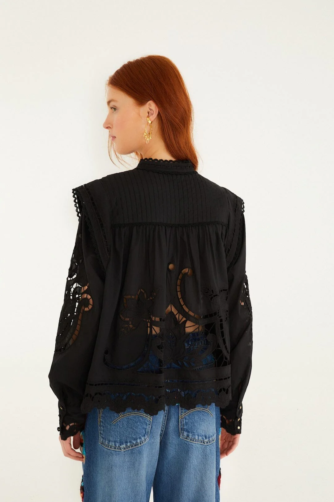 Black Richelieu Puff Sleeve Blouse - Image 3