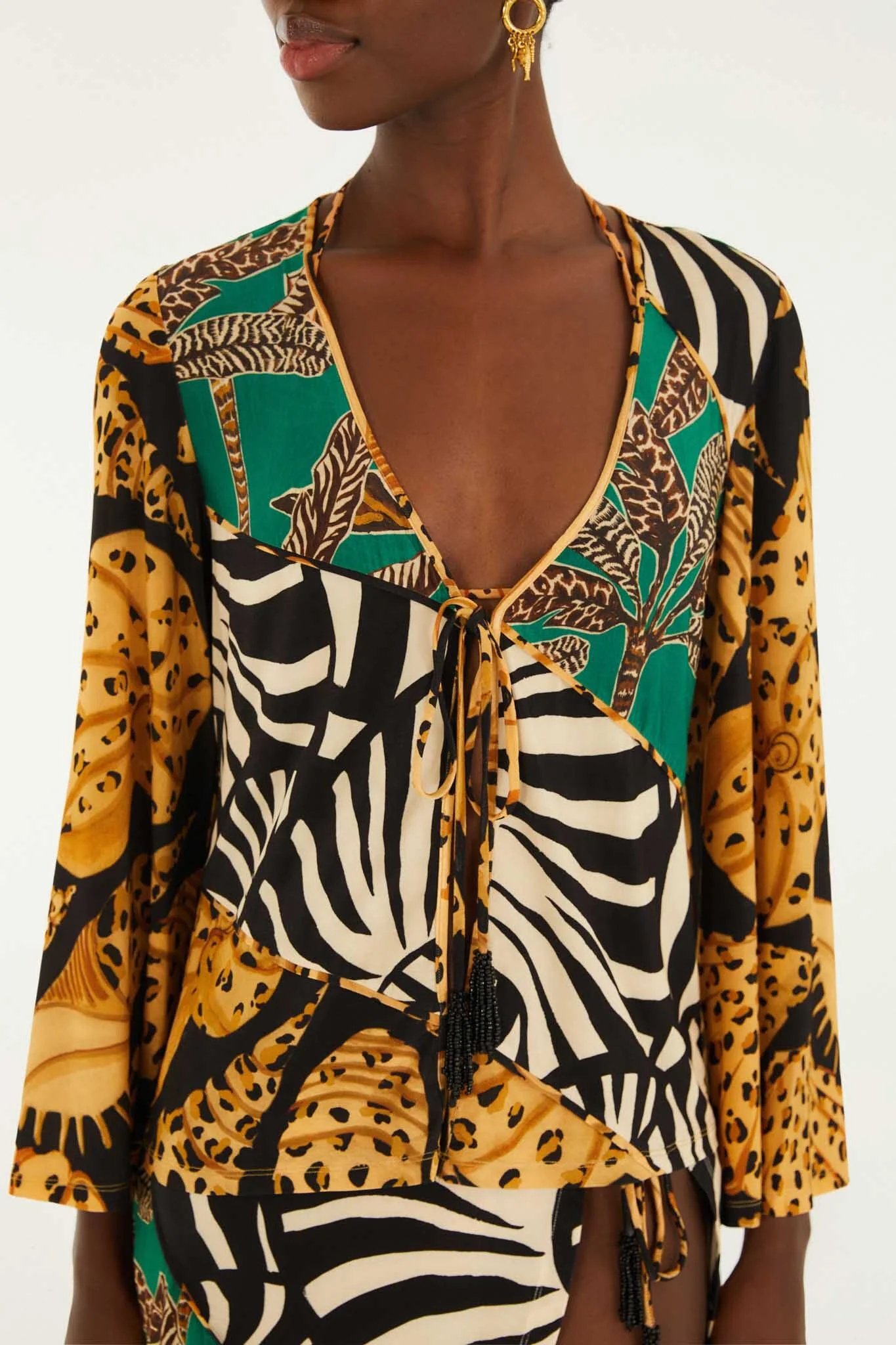 Mixed Patchwork Front Beaded Ties Blouse - Image 2