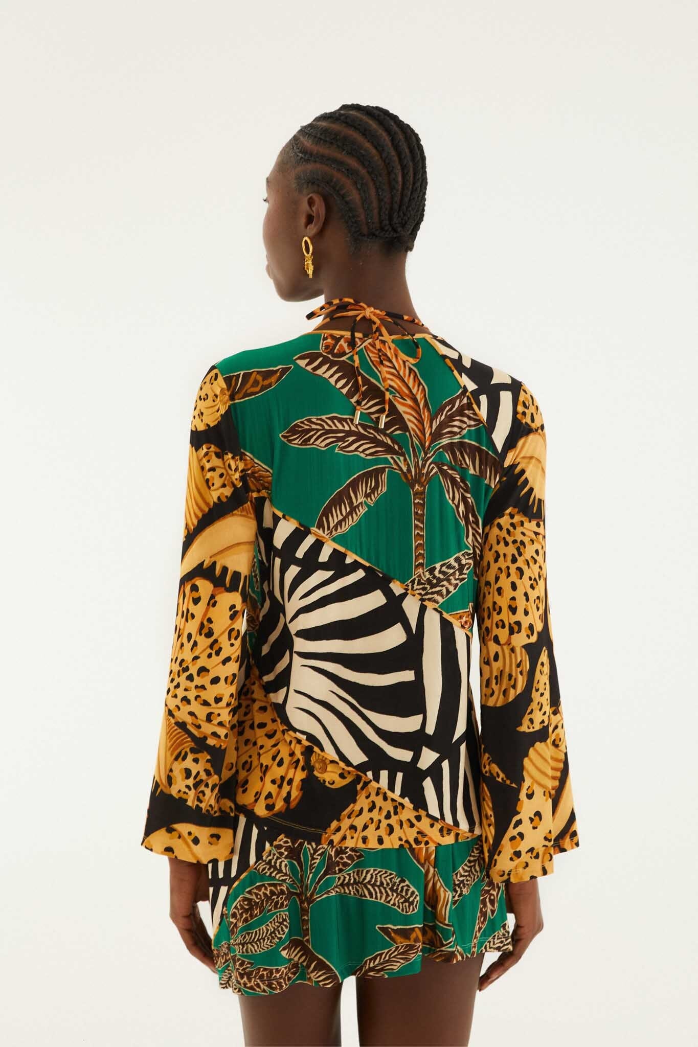 Mixed Patchwork Front Beaded Ties Blouse - Image 3