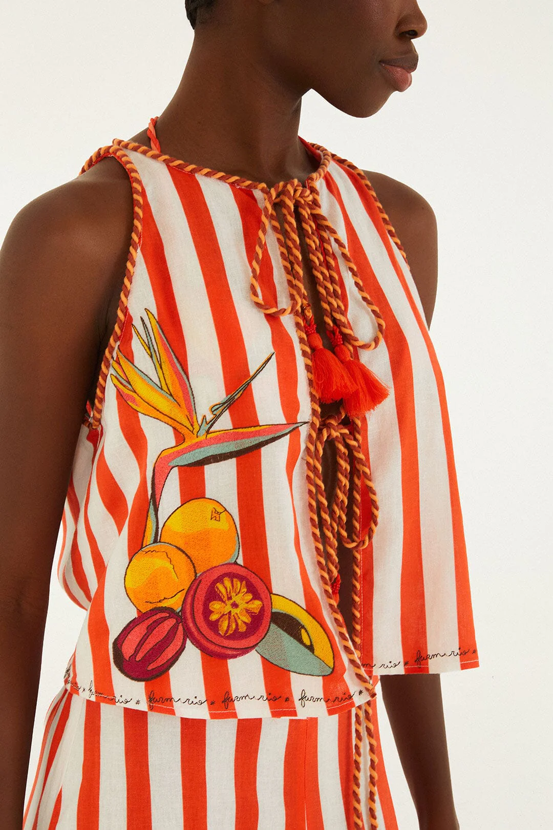 Red Fruit Stripes Embroidered Rope Details Blouse - Image 2