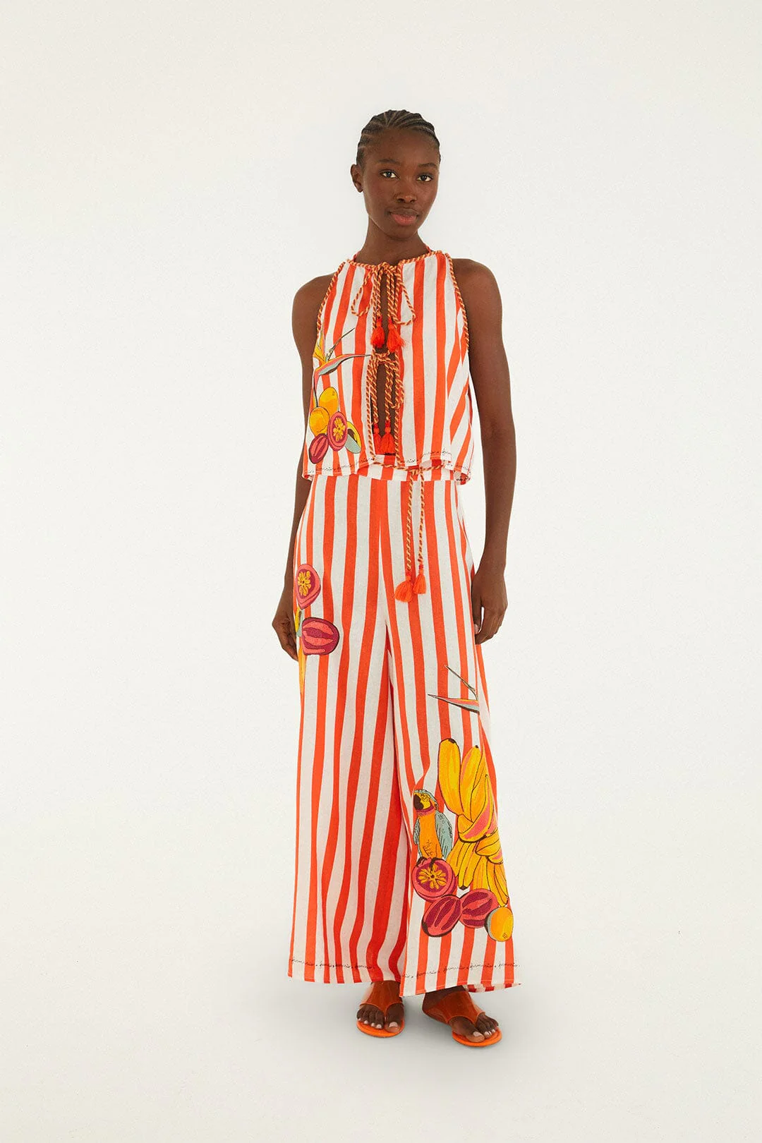 Red Fruit Stripes Embroidered Rope Details Blouse - Image 4