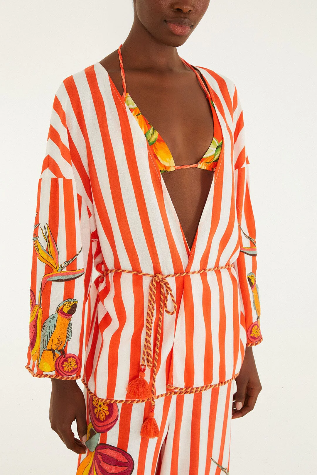 Red Fruit Stripes Rope Details Kimono - Image 2