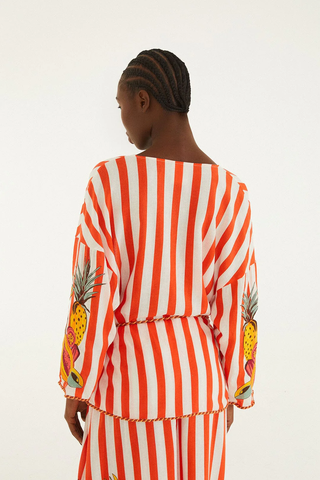 Red Fruit Stripes Rope Details Kimono - Image 3