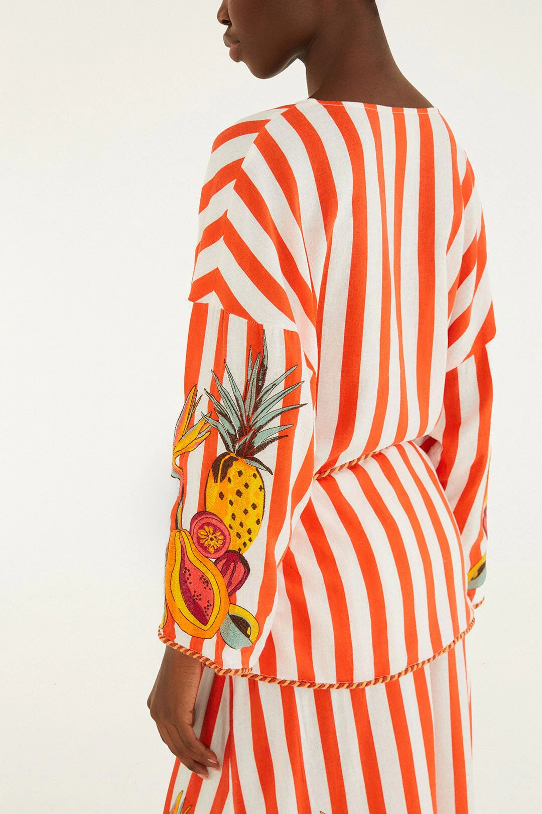 Red Fruit Stripes Rope Details Kimono - Image 4