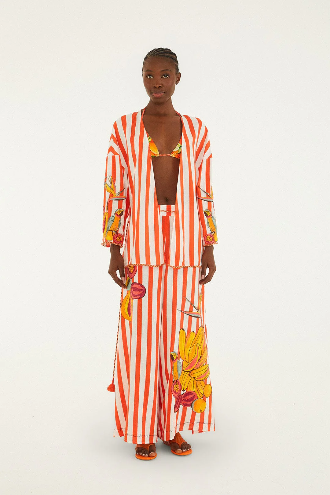 Red Fruit Stripes Rope Details Kimono - Image 5