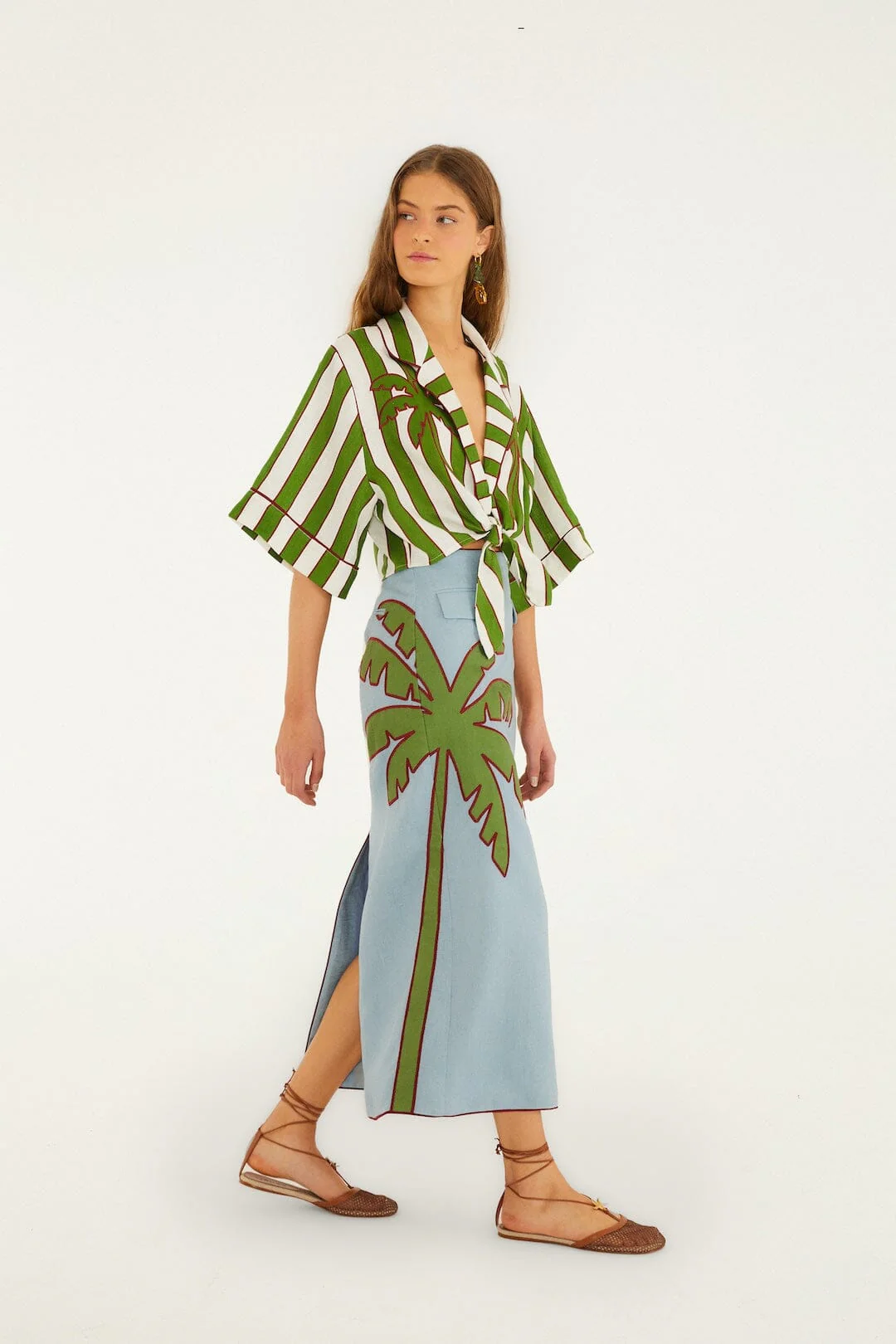 Blue Embroidered Palm Tree Maxi Skirt - Image 6
