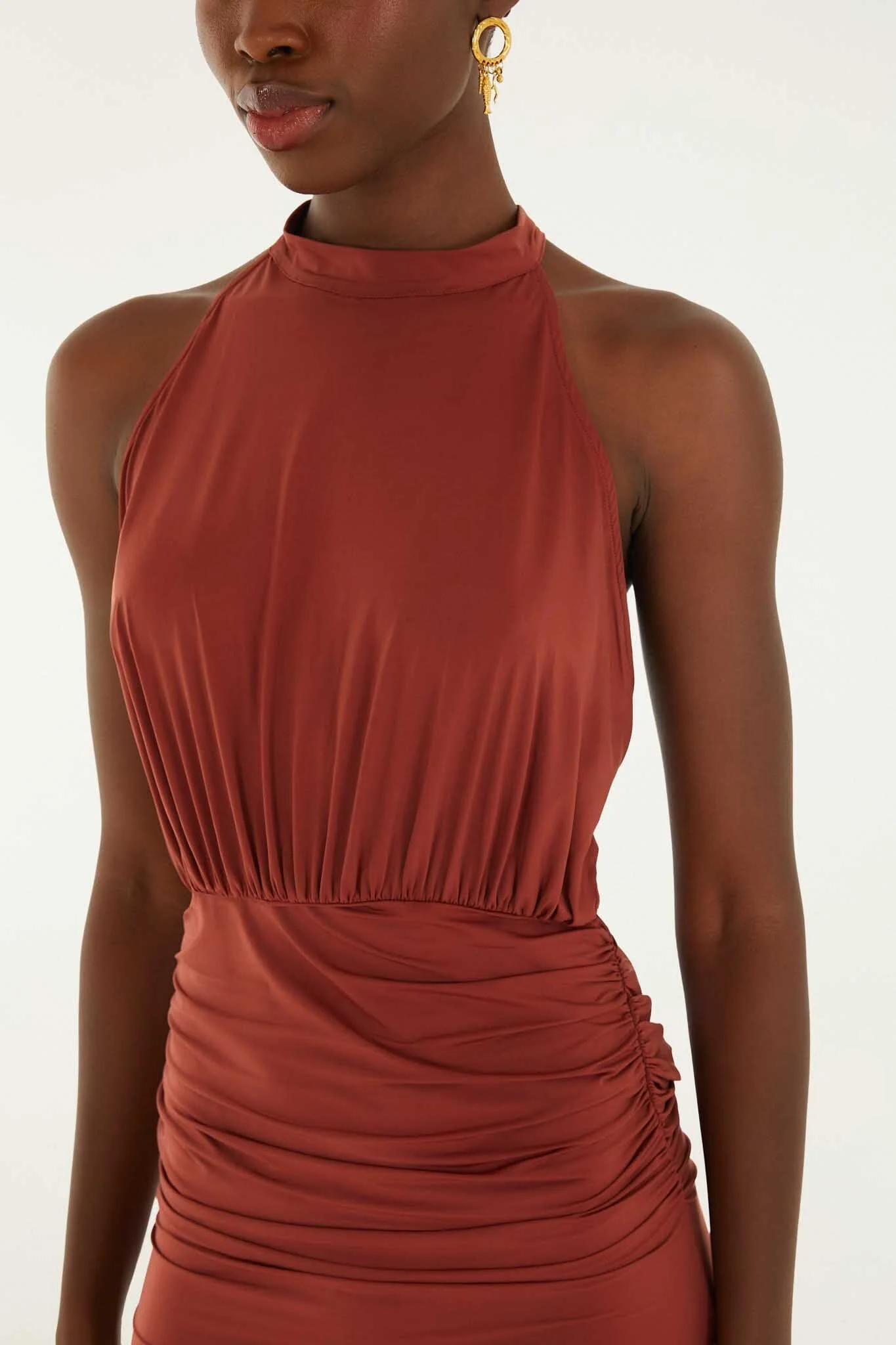 Brown High Neck Draped Open Back Mini Dress - Image 2