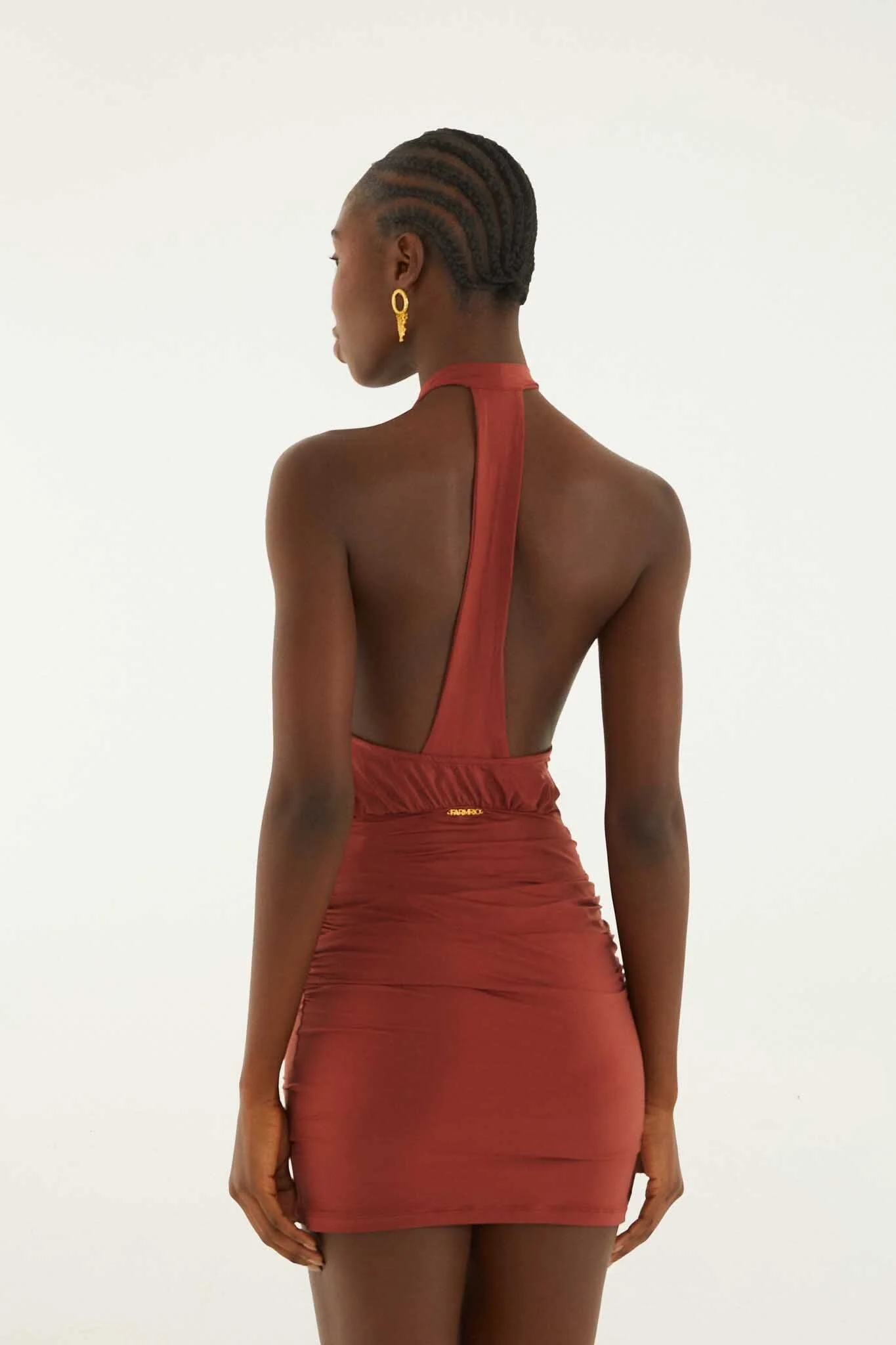 Brown High Neck Draped Open Back Mini Dress - Image 3