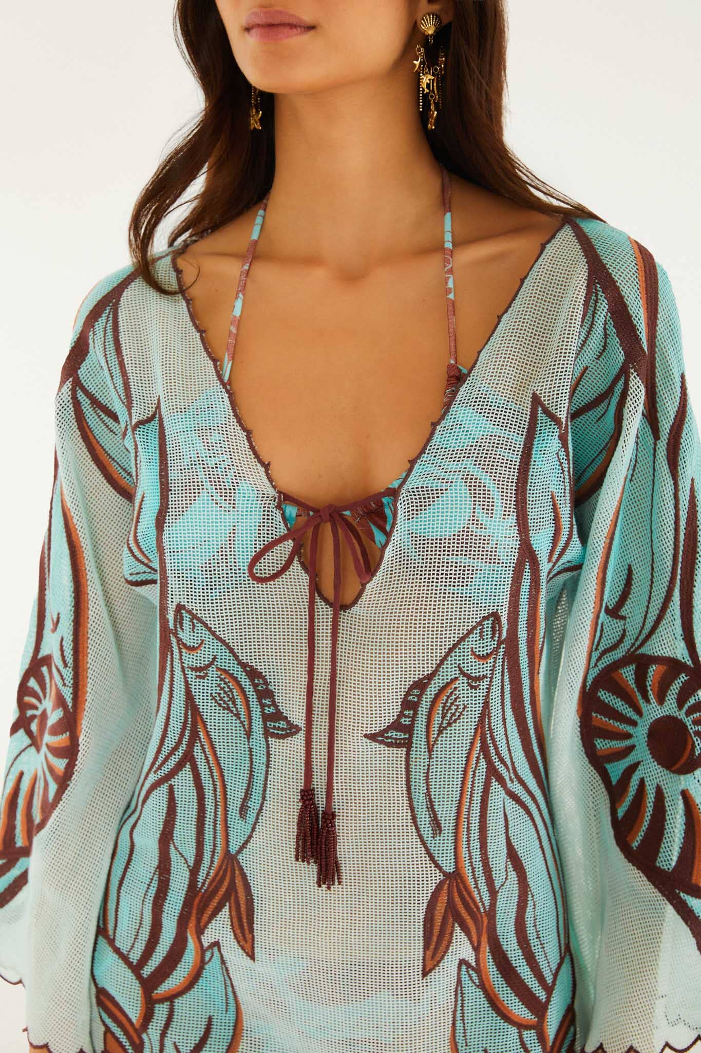 Blue Fish Net Embroidered Long Sleeve Mini Dress - Image 2