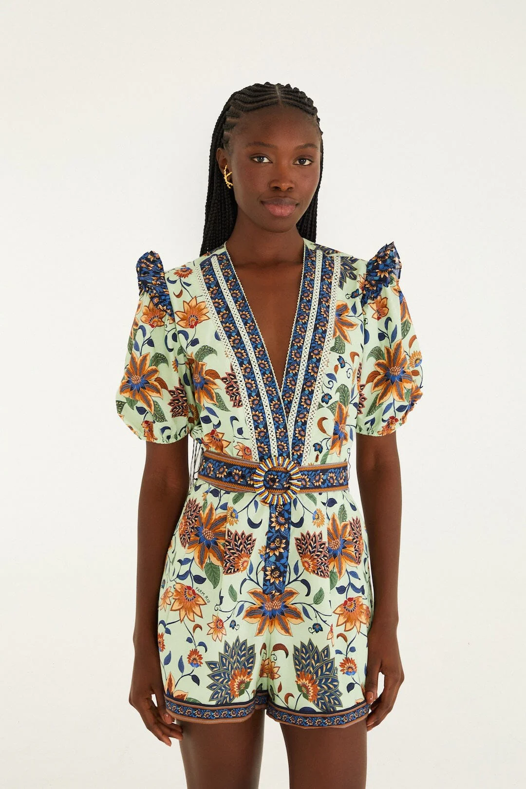 Light Green Floral Delhi Tapestry Belted Romper - Image 4