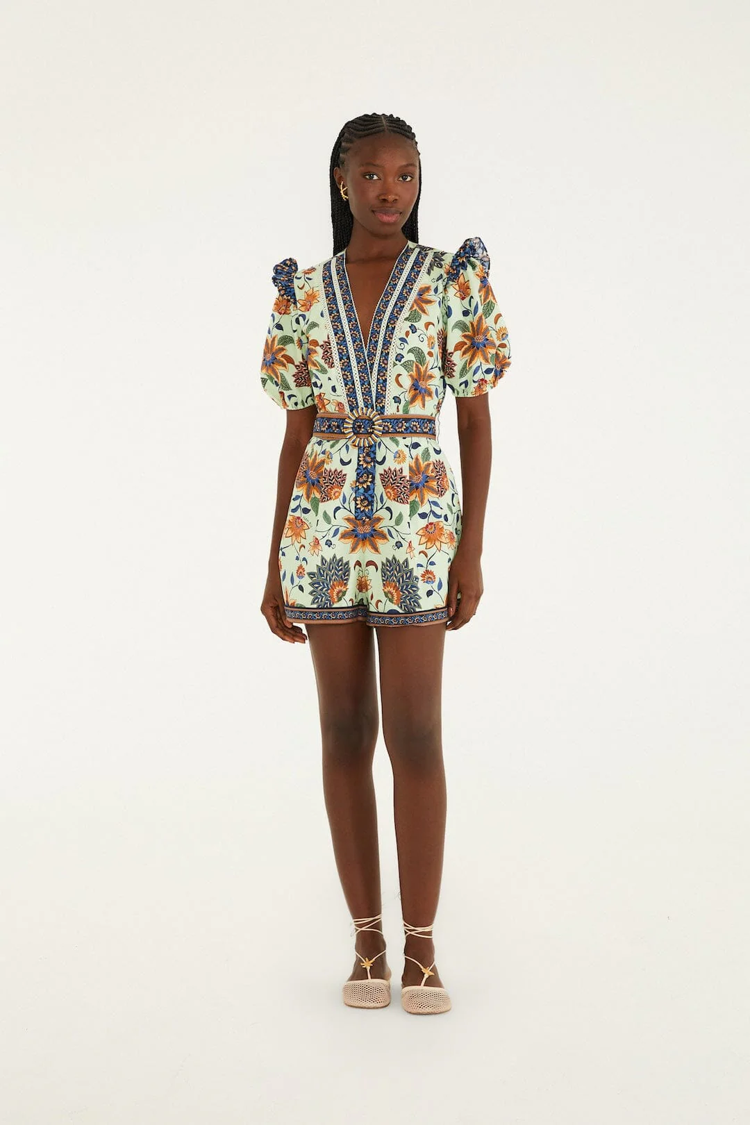Light Green Floral Delhi Tapestry Belted Romper - Image 5