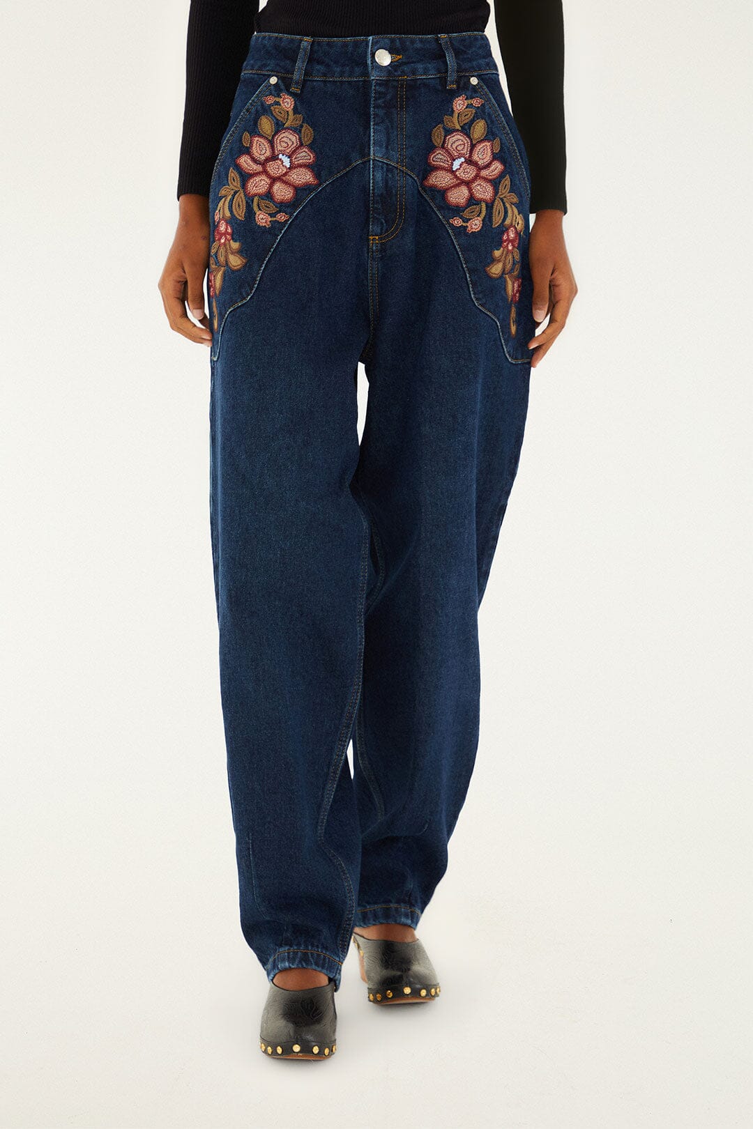 Denim Floral Embroidery Pants - Image 2