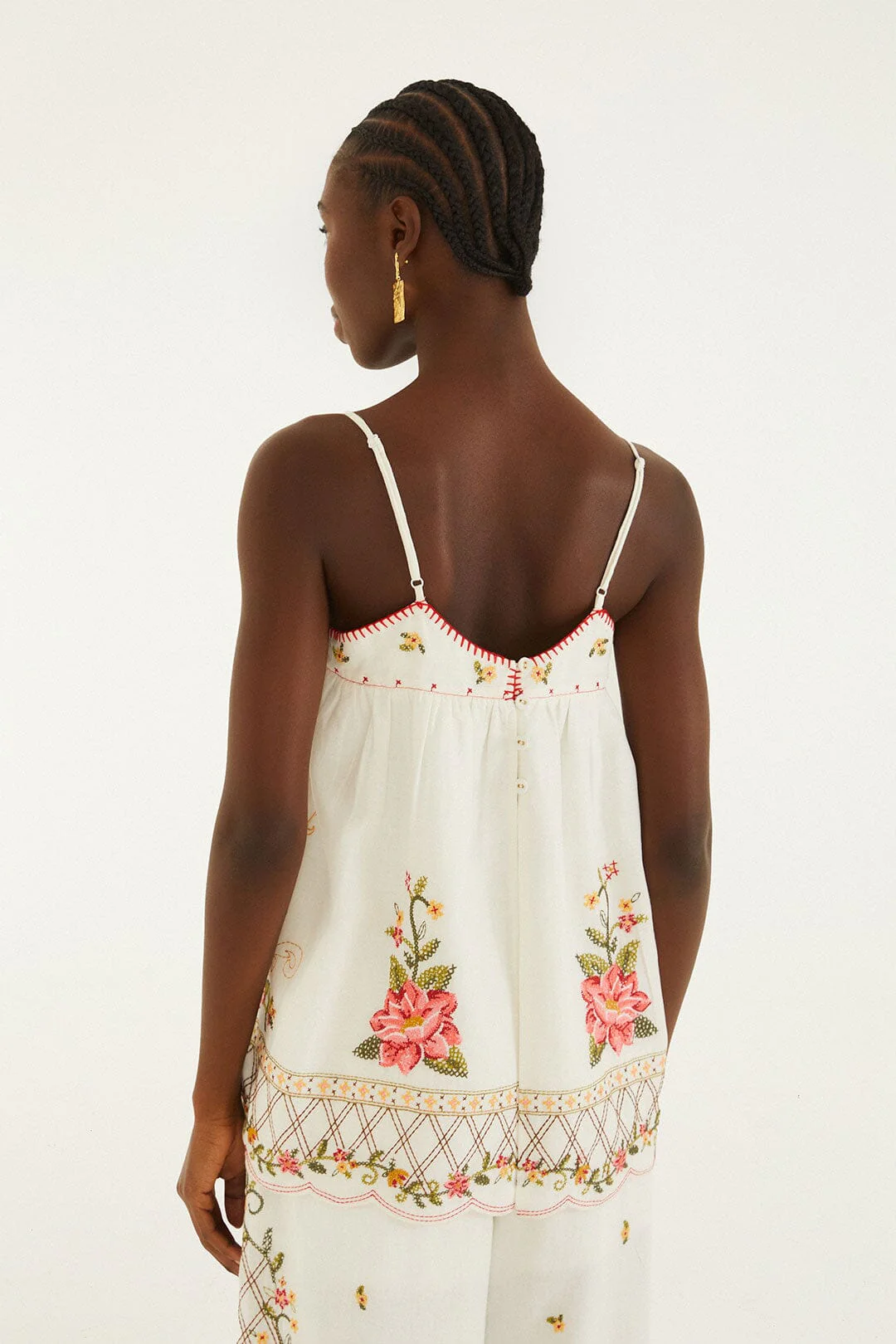 Off-White Flower Embroidery Open Back Sleeveless Blouse - Image 3