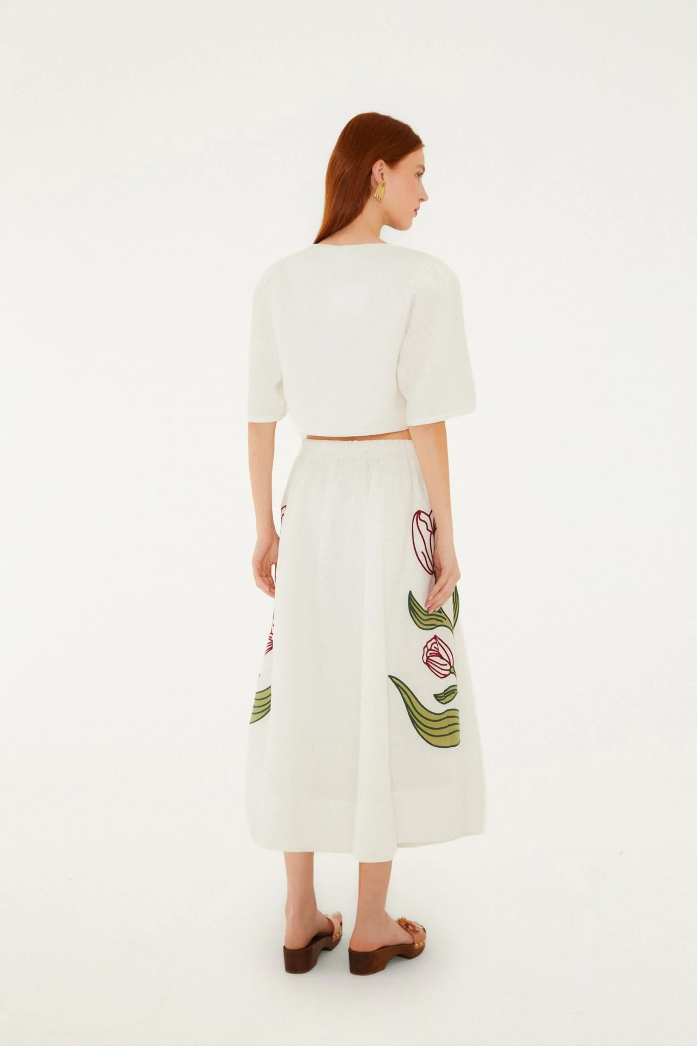 Off-White Flower Embroidered Midi Skirt - Image 4