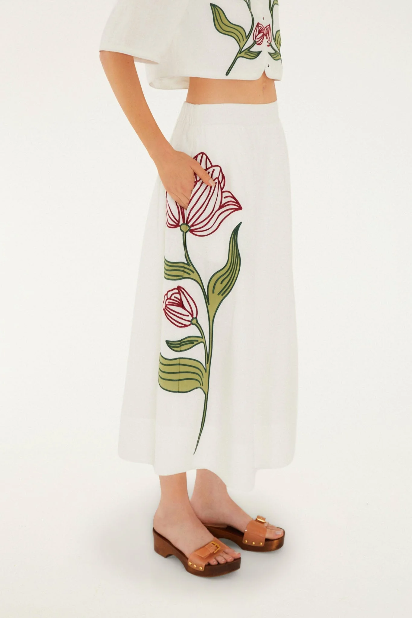 Off-White Flower Embroidered Midi Skirt - Image 5