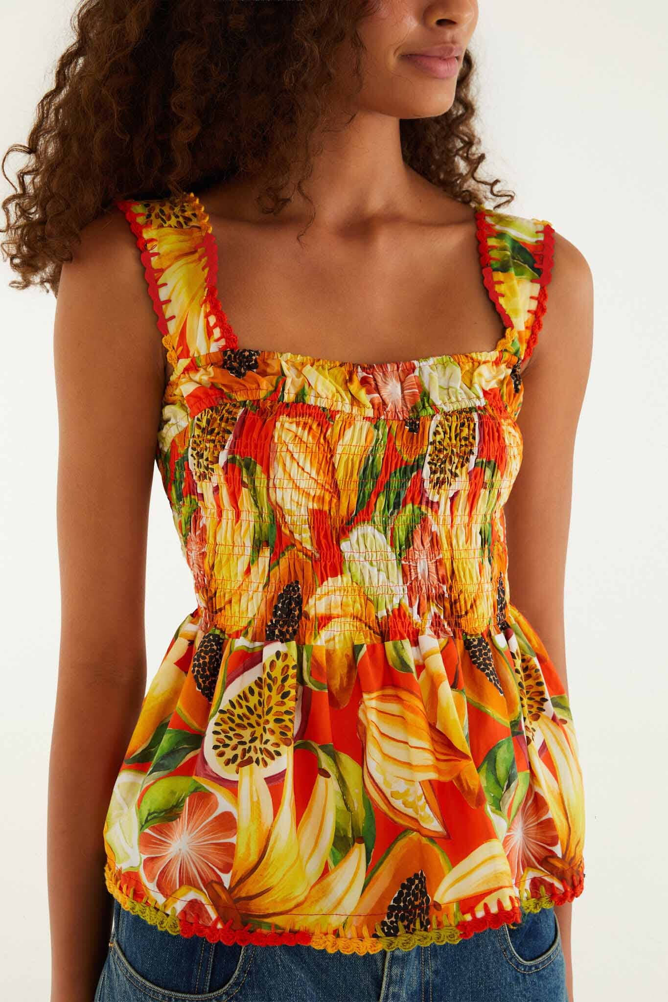 Red Fruit Garden Smocked Crochet Details Blouse - Image 2