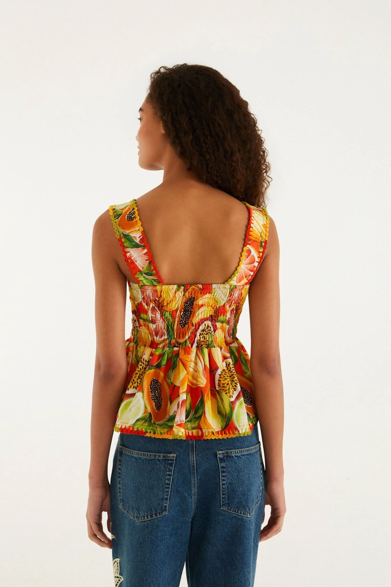 Red Fruit Garden Smocked Crochet Details Blouse - Image 3