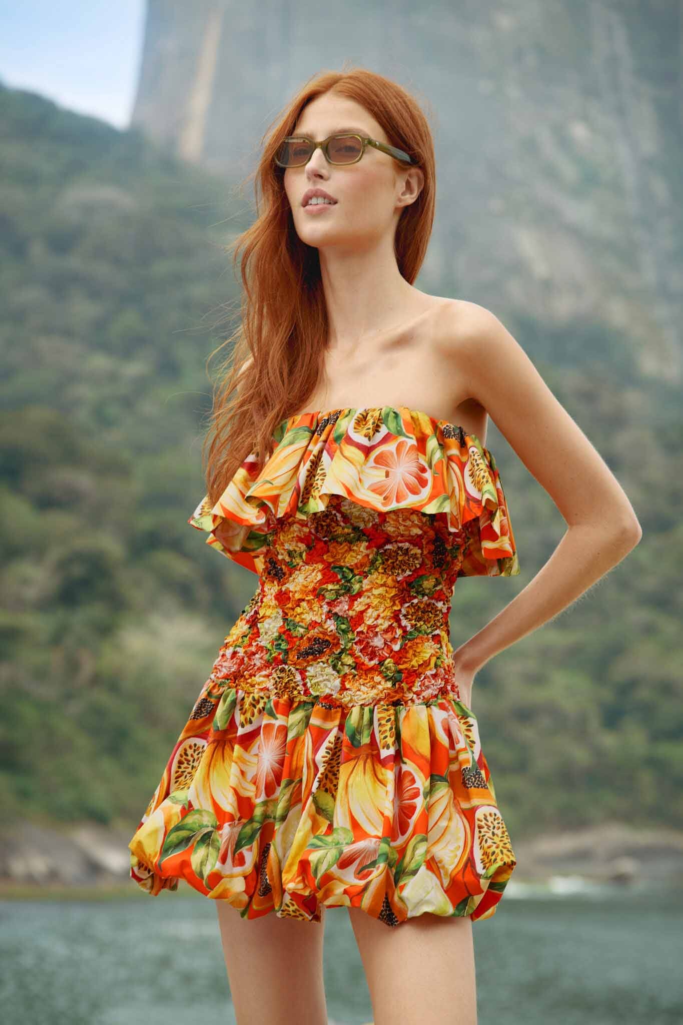 Multicolor Fruit Garden Red Smocked Balloon Mini Dress - Image 7
