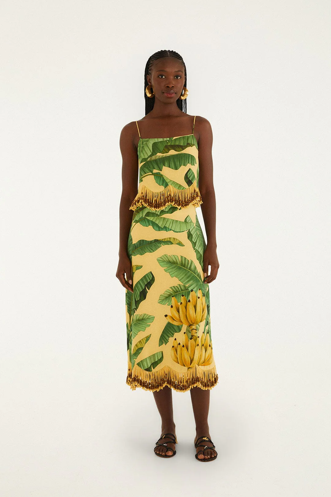 Yellow Fruit Leaves Banana Beaded Fringes Maxi Skirt - Image 3