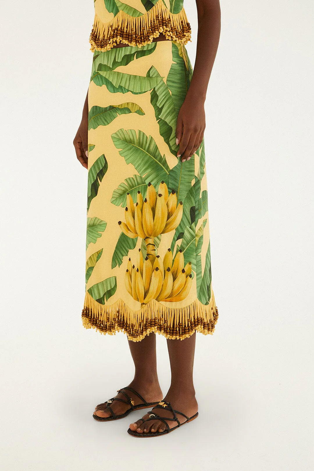 Yellow Fruit Leaves Banana Beaded Fringes Maxi Skirt - Image 4