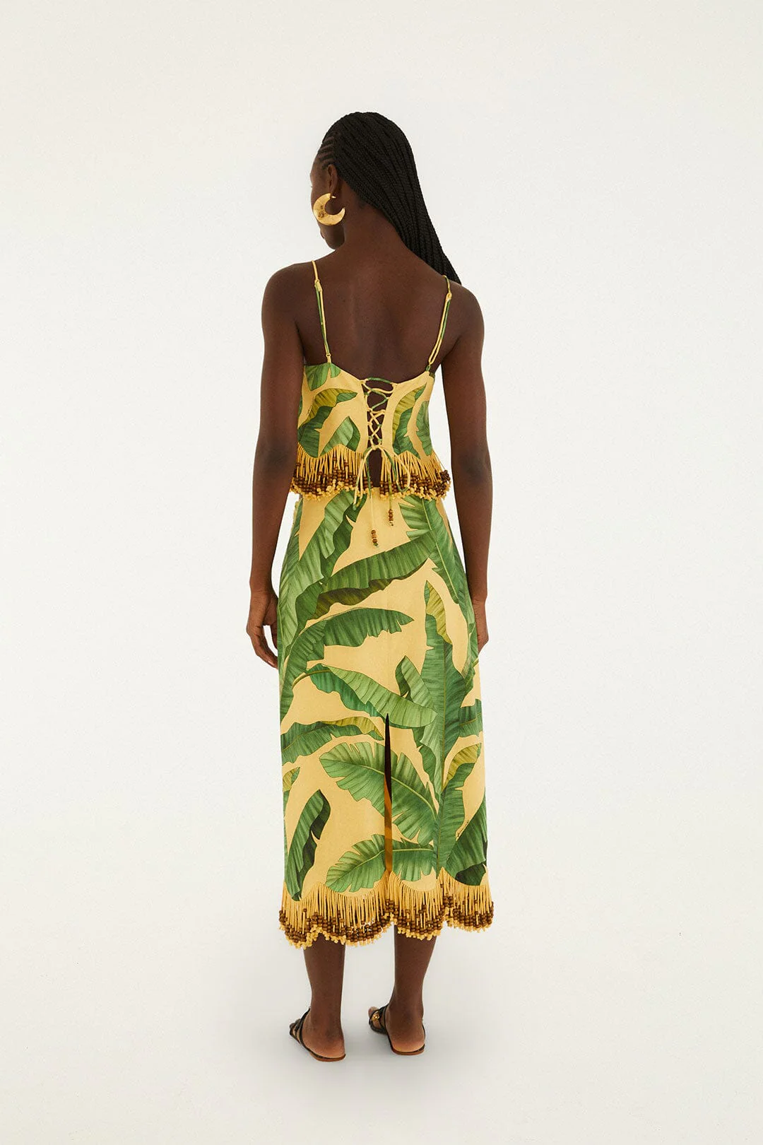 Yellow Fruit Leaves Banana Beaded Fringes Maxi Skirt - Image 5