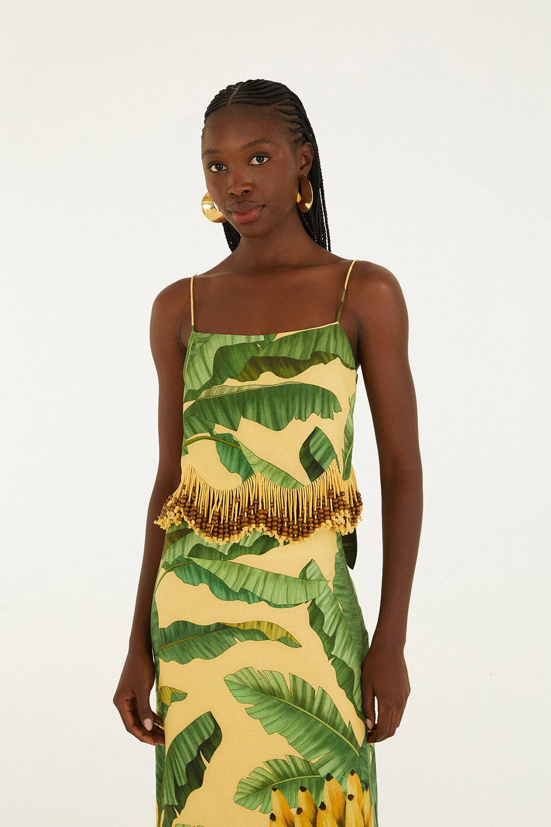 Yellow Fruit Leaves Banana Beaded Fringes Sleeveless Top - Image 3
