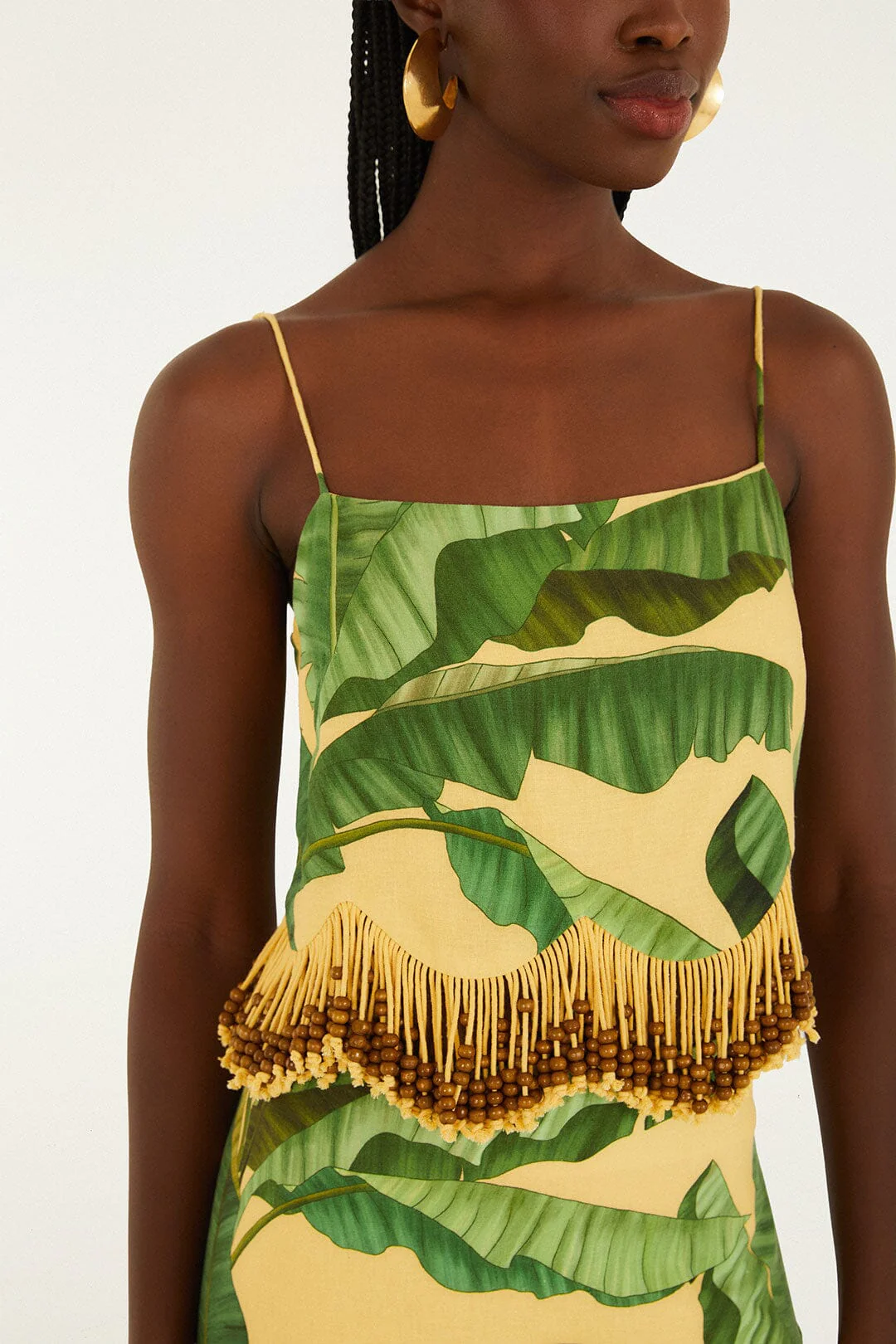 Yellow Fruit Leaves Banana Beaded Fringes Sleeveless Top - Image 4
