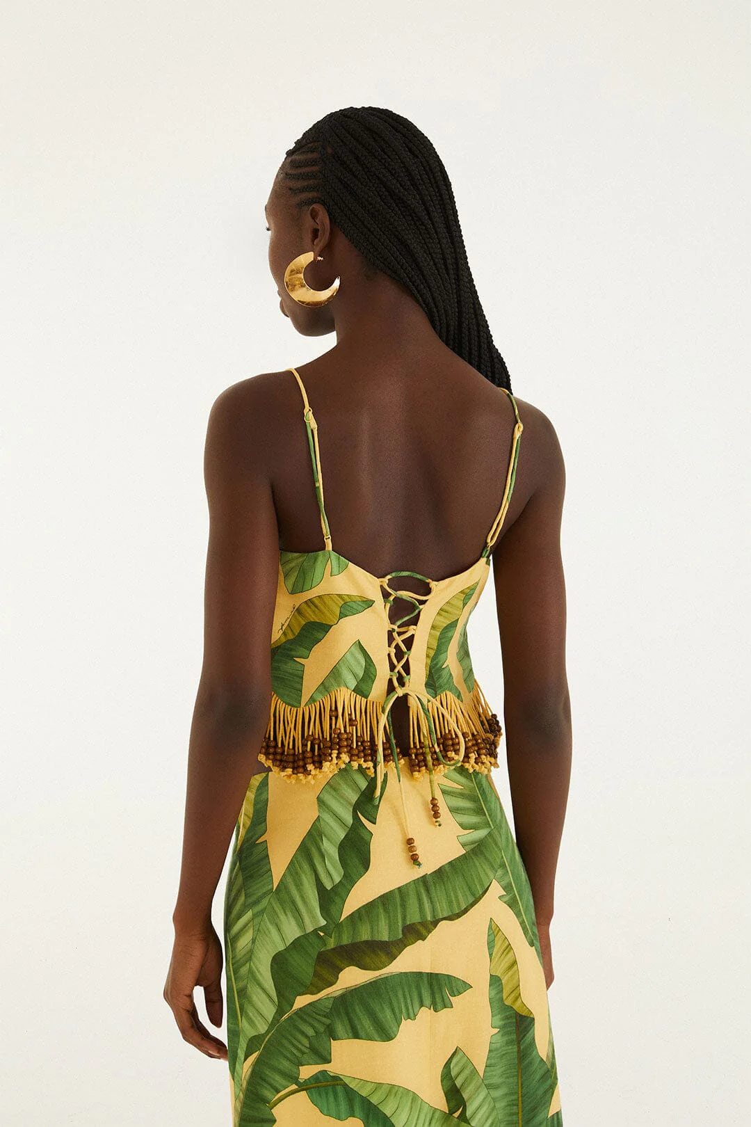 Yellow Fruit Leaves Banana Beaded Fringes Sleeveless Top - Image 5