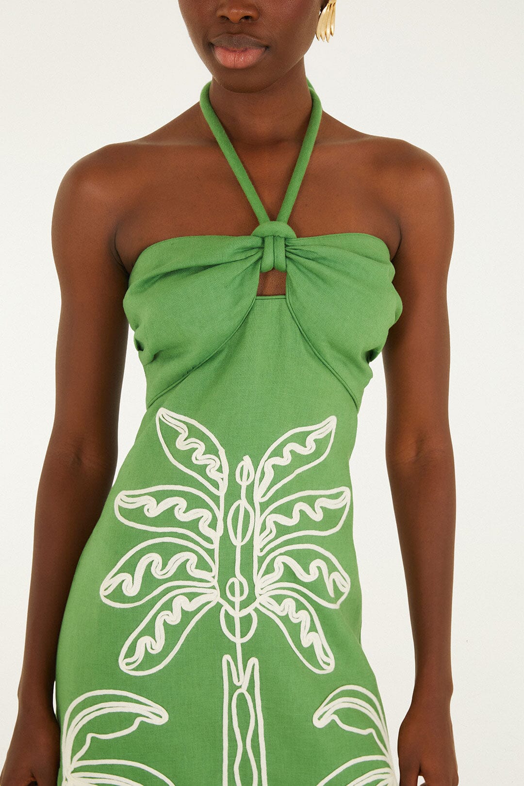 Green Palm Tree Embroidered Halter Neck Midi Dress - Image 2