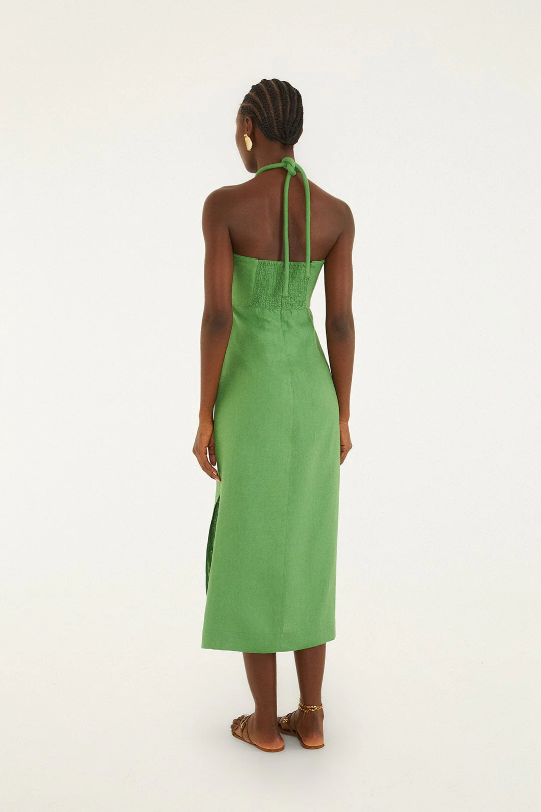 Green Palm Tree Embroidered Halter Neck Midi Dress - Image 3