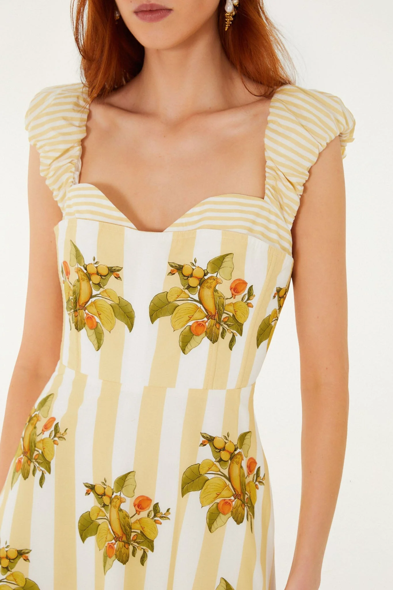 Yellow Lemon Birds Sweetheart Neck Midi Dress - Image 2