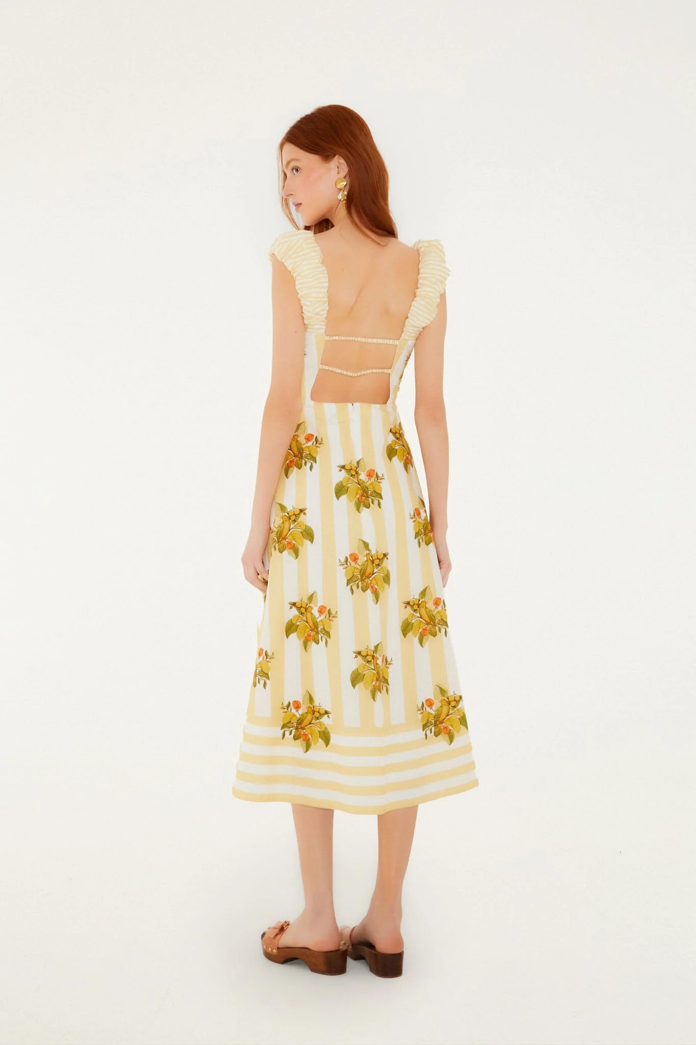 Yellow Lemon Birds Sweetheart Neck Midi Dress - Image 3
