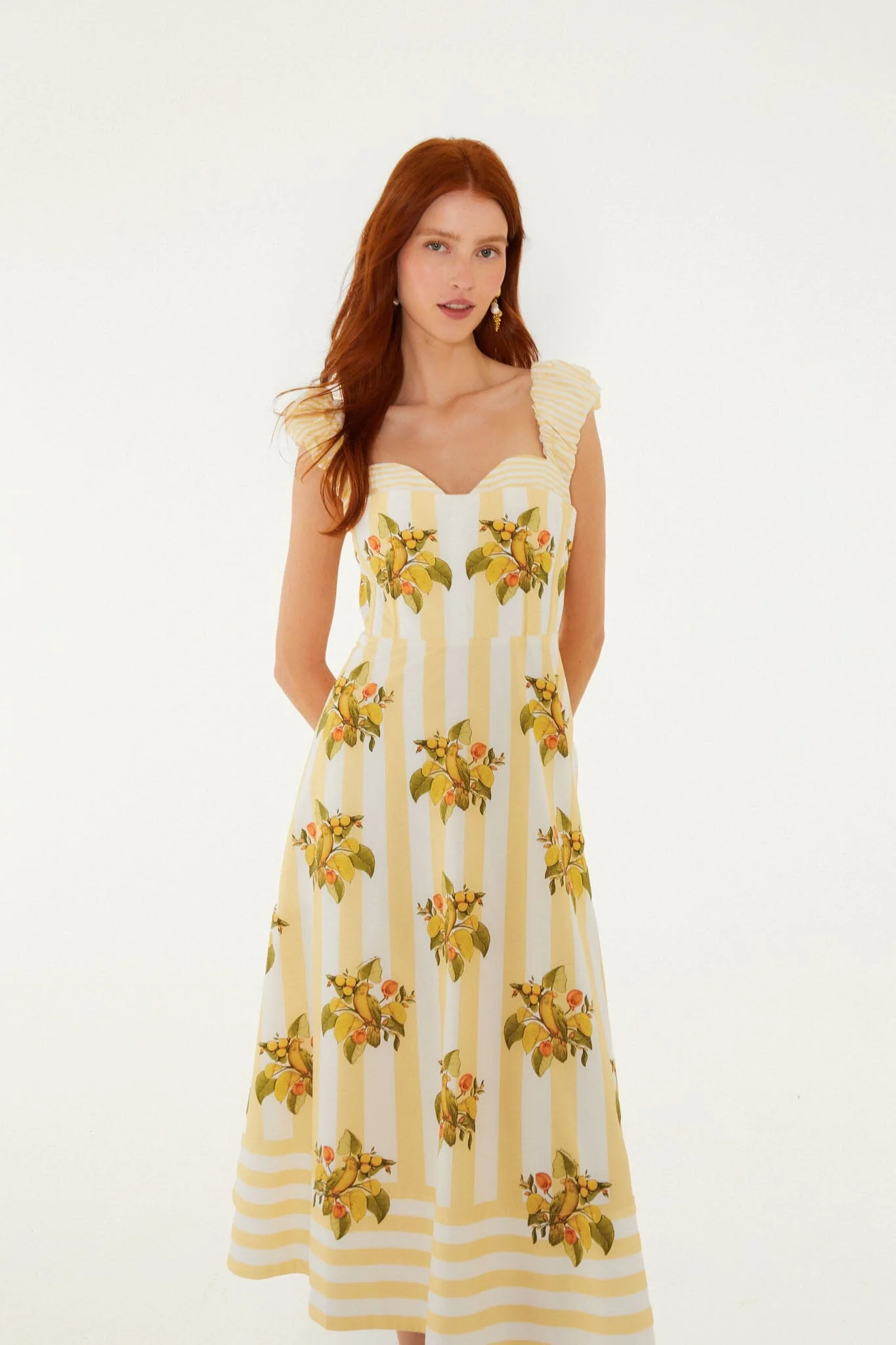 Yellow Lemon Birds Sweetheart Neck Midi Dress - Image 4