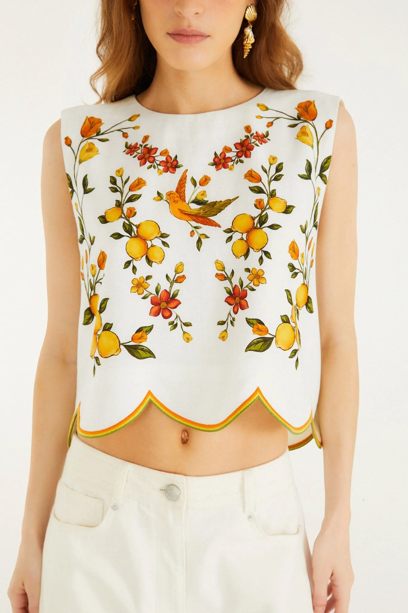 Off-White Lemon Bouquet Wavy Hem Sleeveless Blouse - Image 4