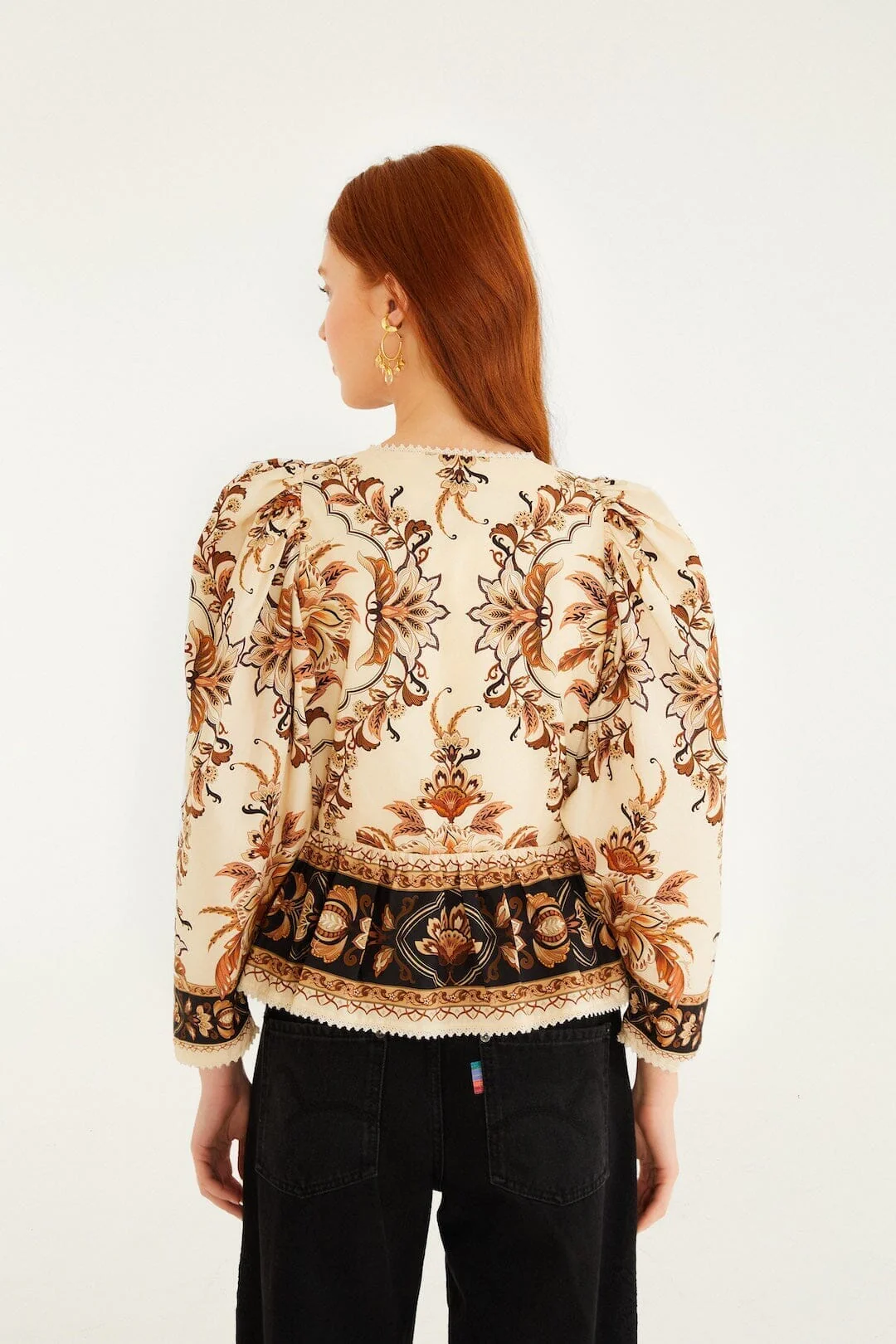 Sand Majestic Garden Lace Puff Sleeve  Blouse - Image 3