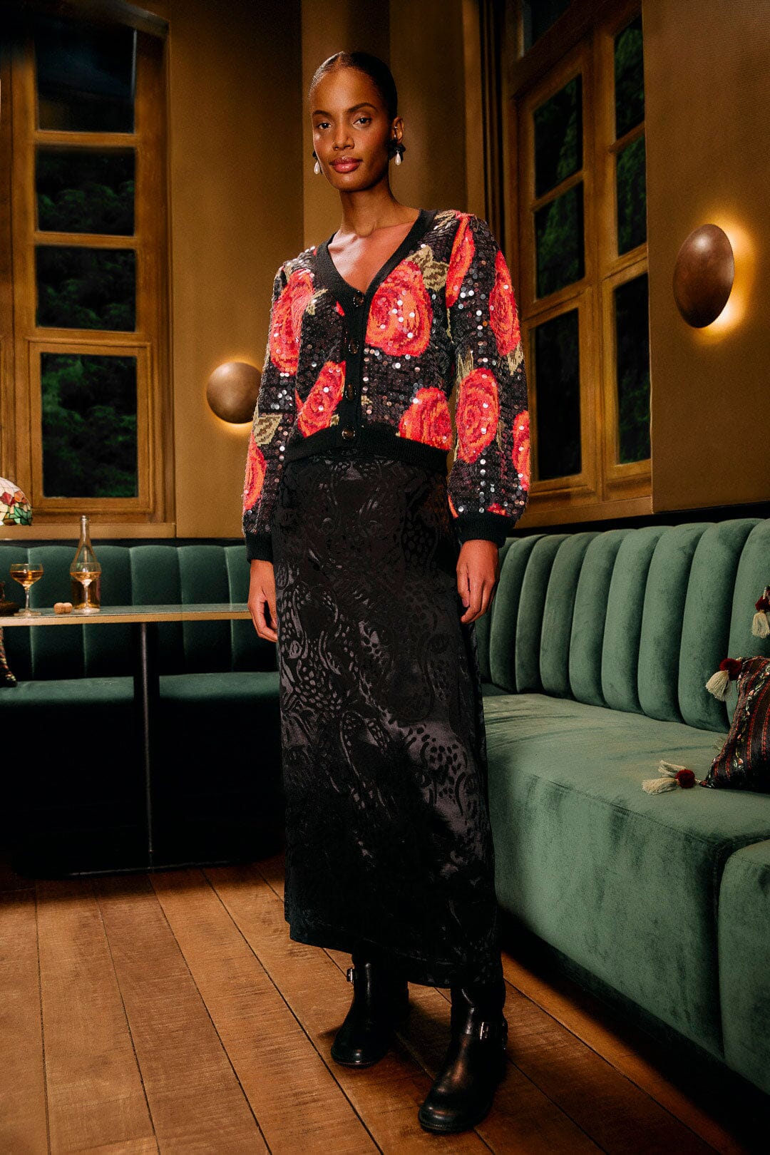 Black Midnight Leopards Jacquard Maxi Skirt
