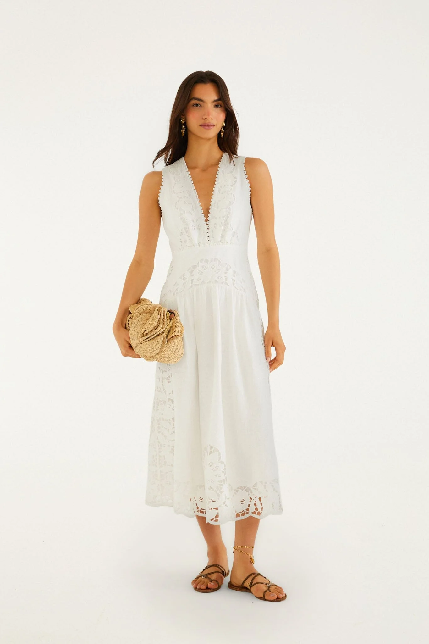 Off-White Richelieu V Neck Sleeveless Midi Dress - Image 3