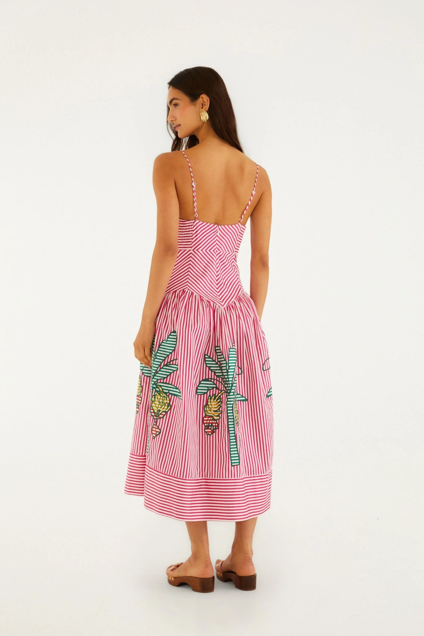 Pink Palm Tree Stripes Cutwork Midi Dress - Image 3