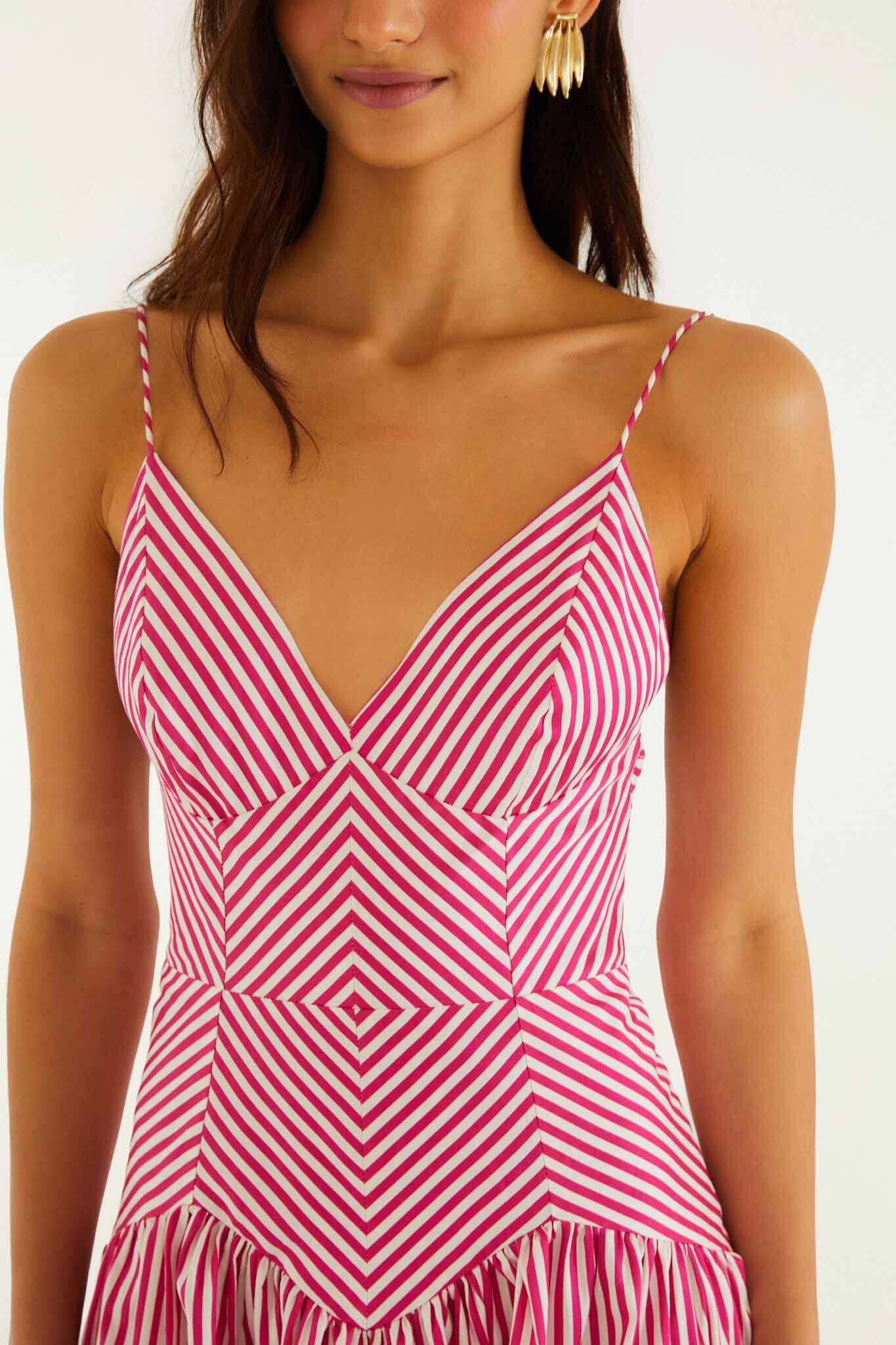 Pink Palm Tree Stripes Cutwork Midi Dress - Image 4