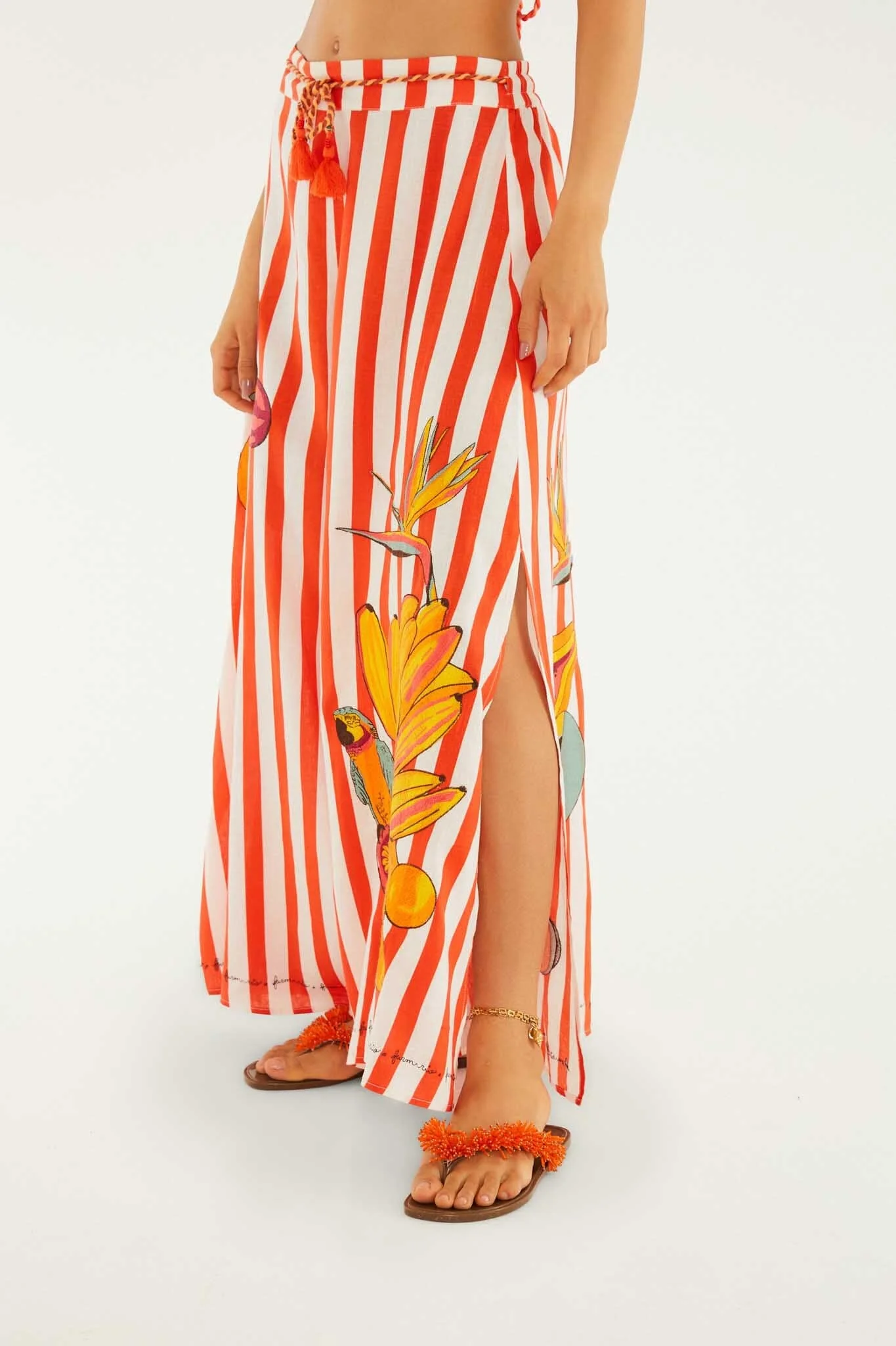 Red Fruit Stripes Rope Ties Slits Pants - Image 2