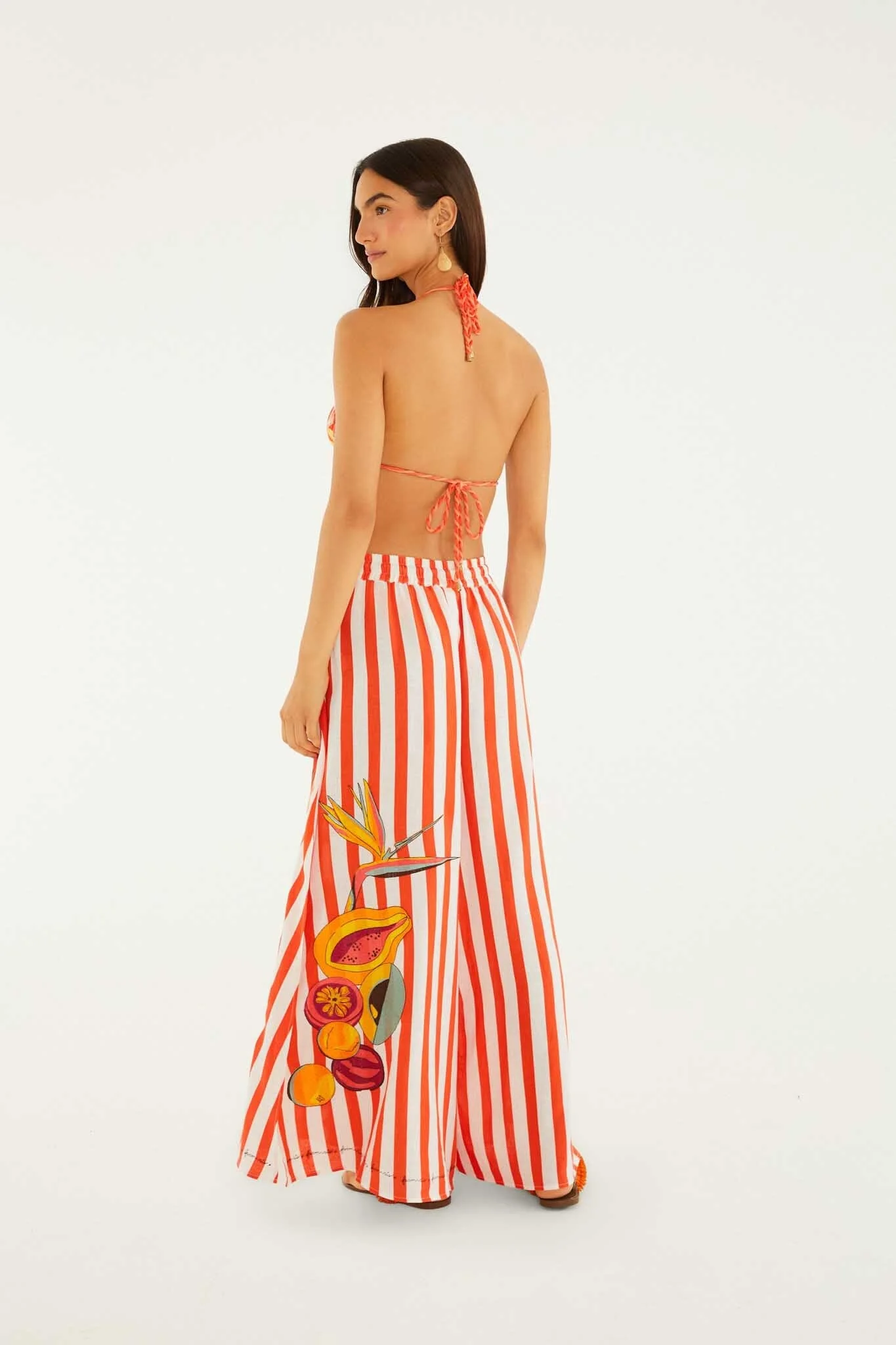 Red Fruit Stripes Rope Ties Slits Pants - Image 3