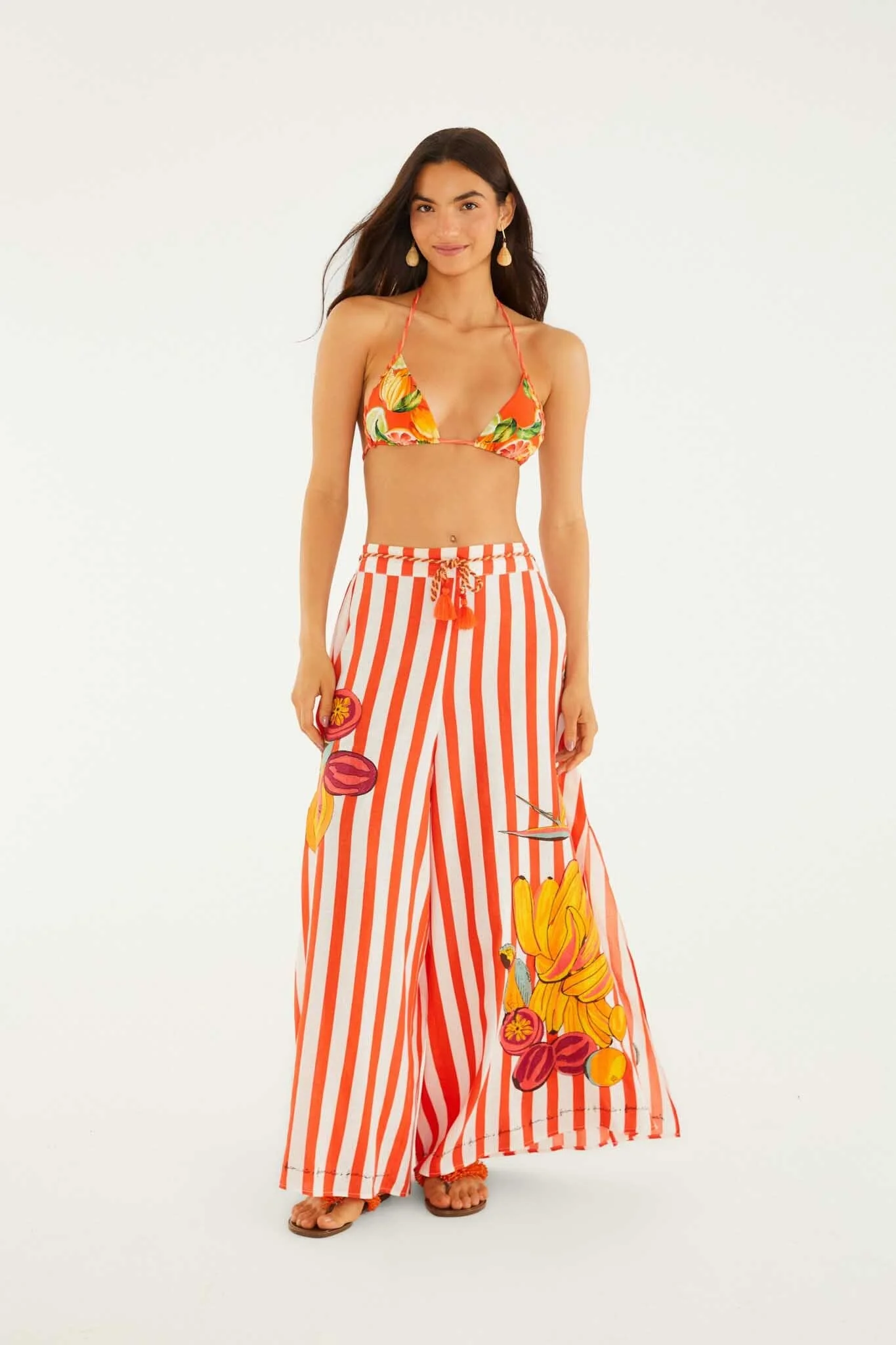 Red Fruit Stripes Rope Ties Slits Pants - Image 4