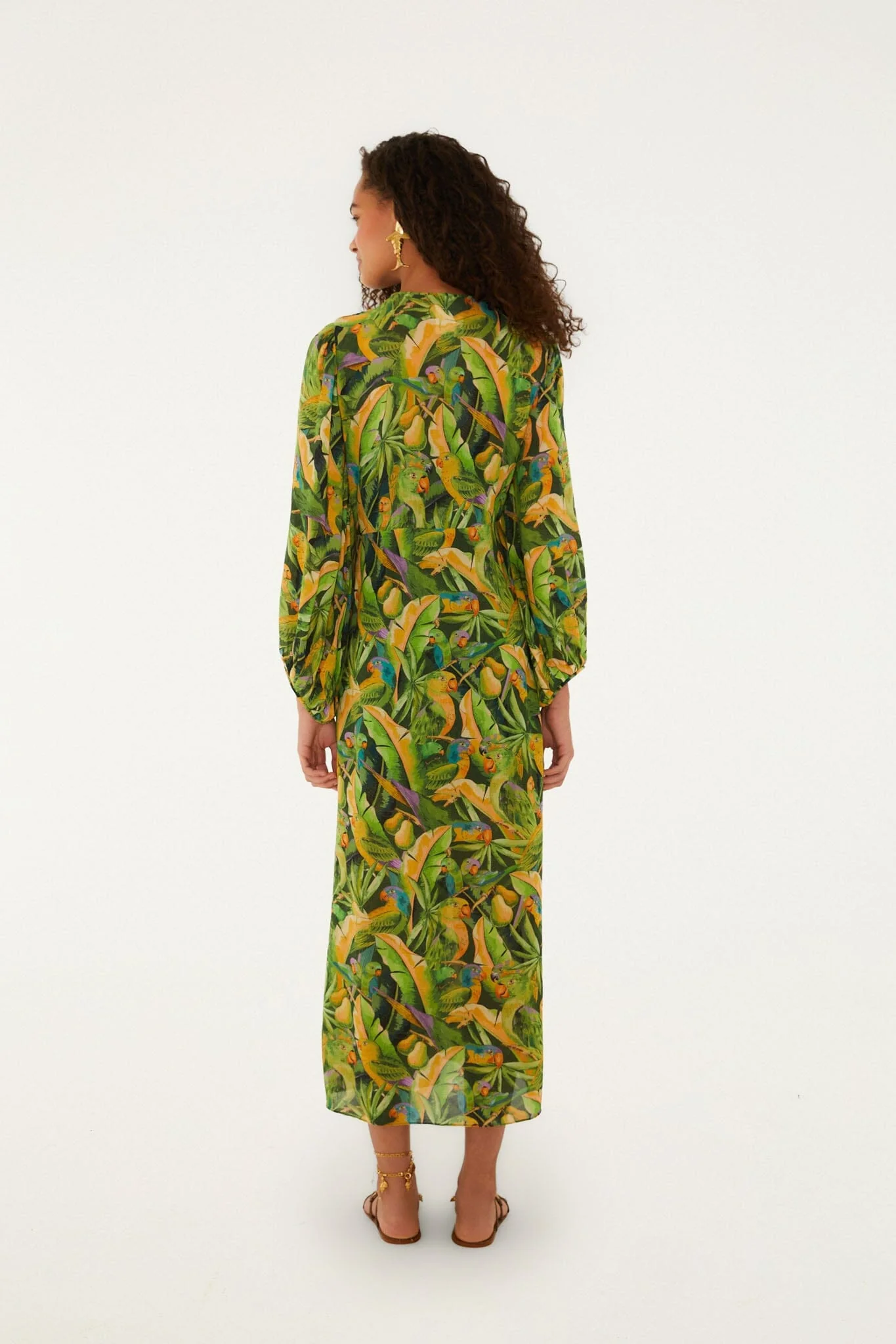 Green Forest Parrots Long Sleeve Midi Dress - Image 3