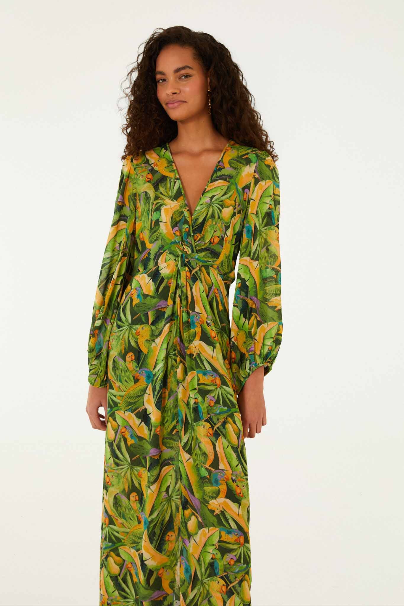 Green Forest Parrots Long Sleeve Midi Dress - Image 4